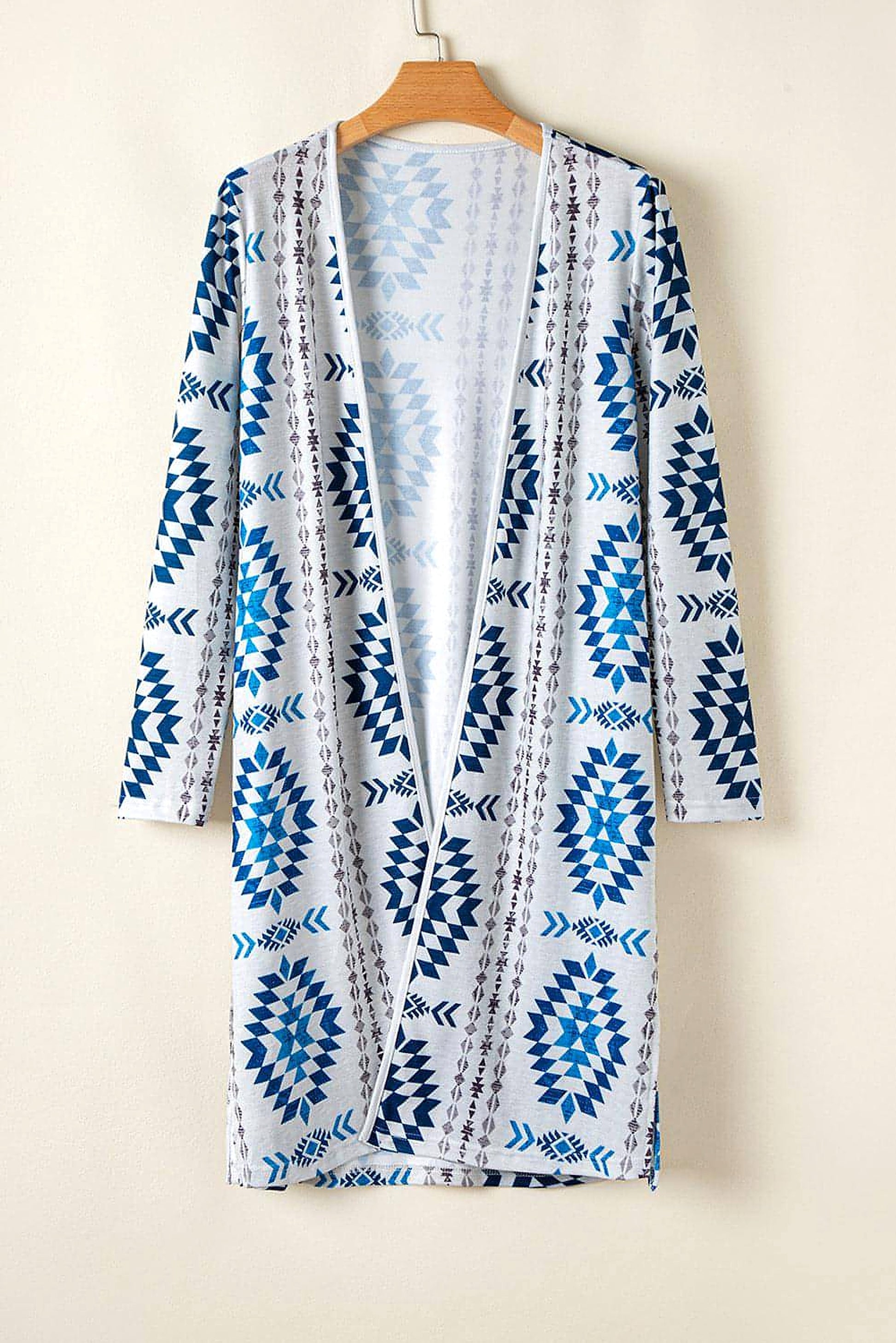 Sky Blue Western Aztec Printed Open Front Long Cardigan - enhanced image 4