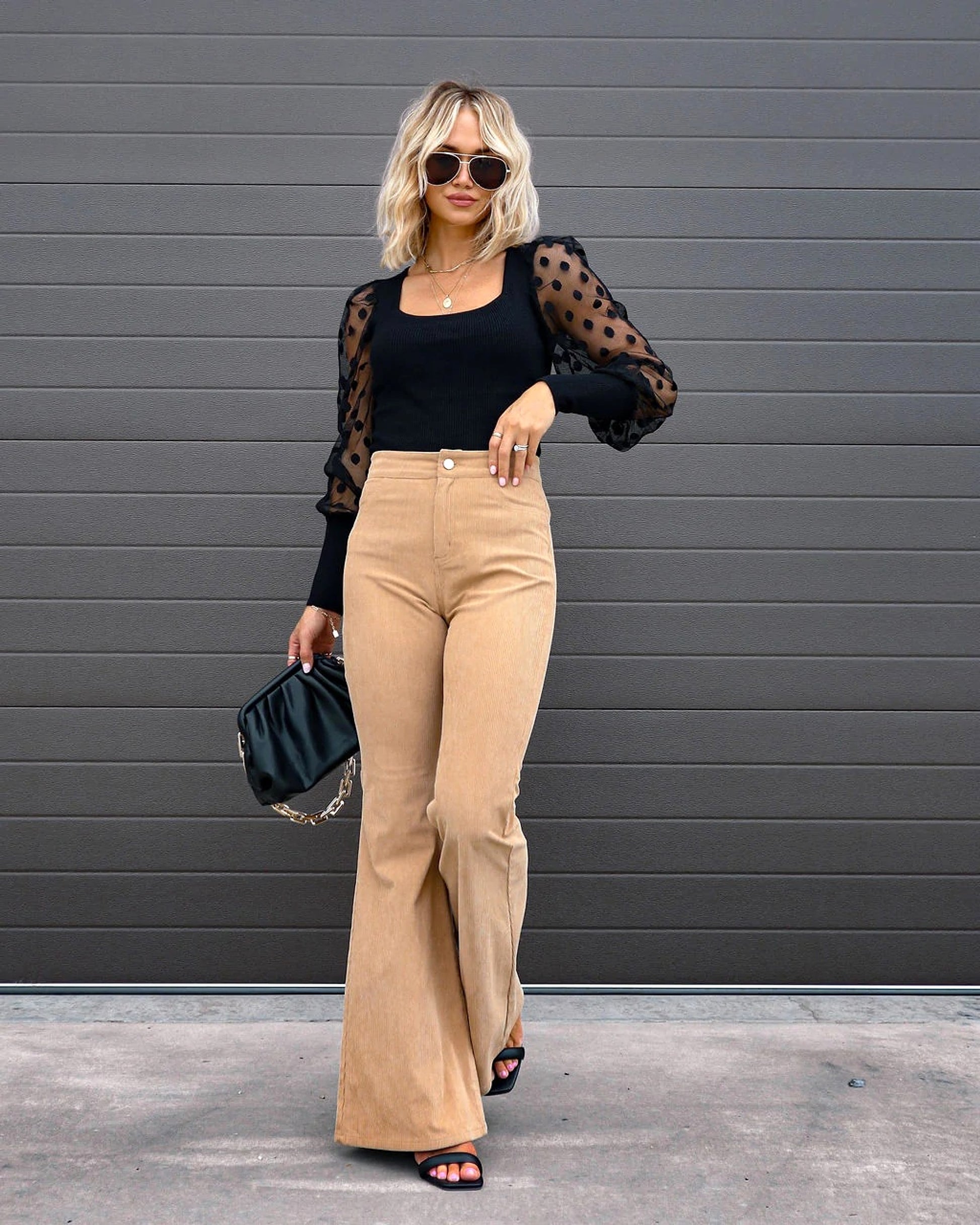 Solid Color Mid-waist Slim-fit Micro Flared Pants Corduroy - enhanced image 4