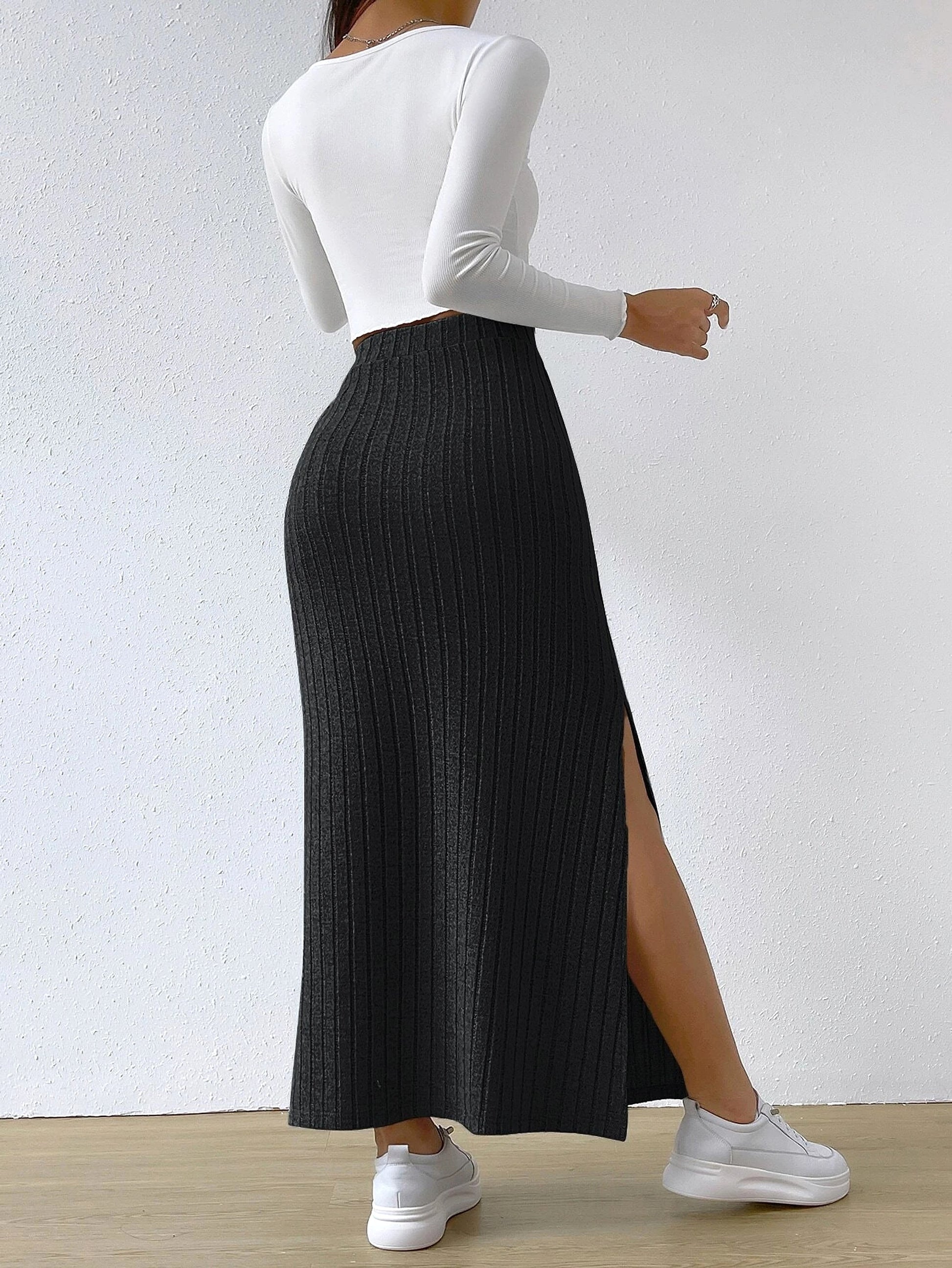 Spring Long Skirt High Waist Side Slit Slim Fit Knitted Women's Dress - enhanced image 4