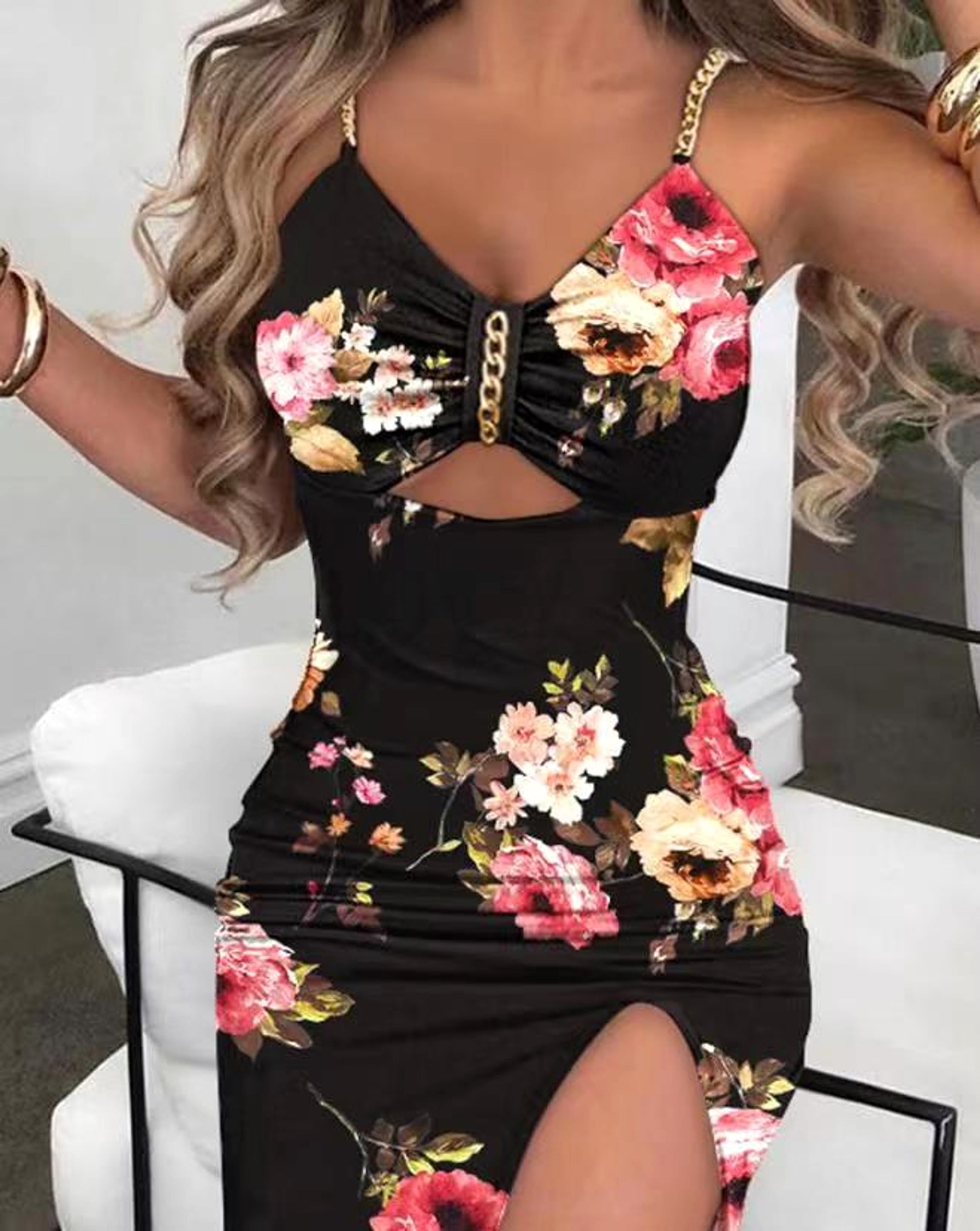 Women's Clothing Split Spaghetti-strap Floral Print Dress - enhanced image 4