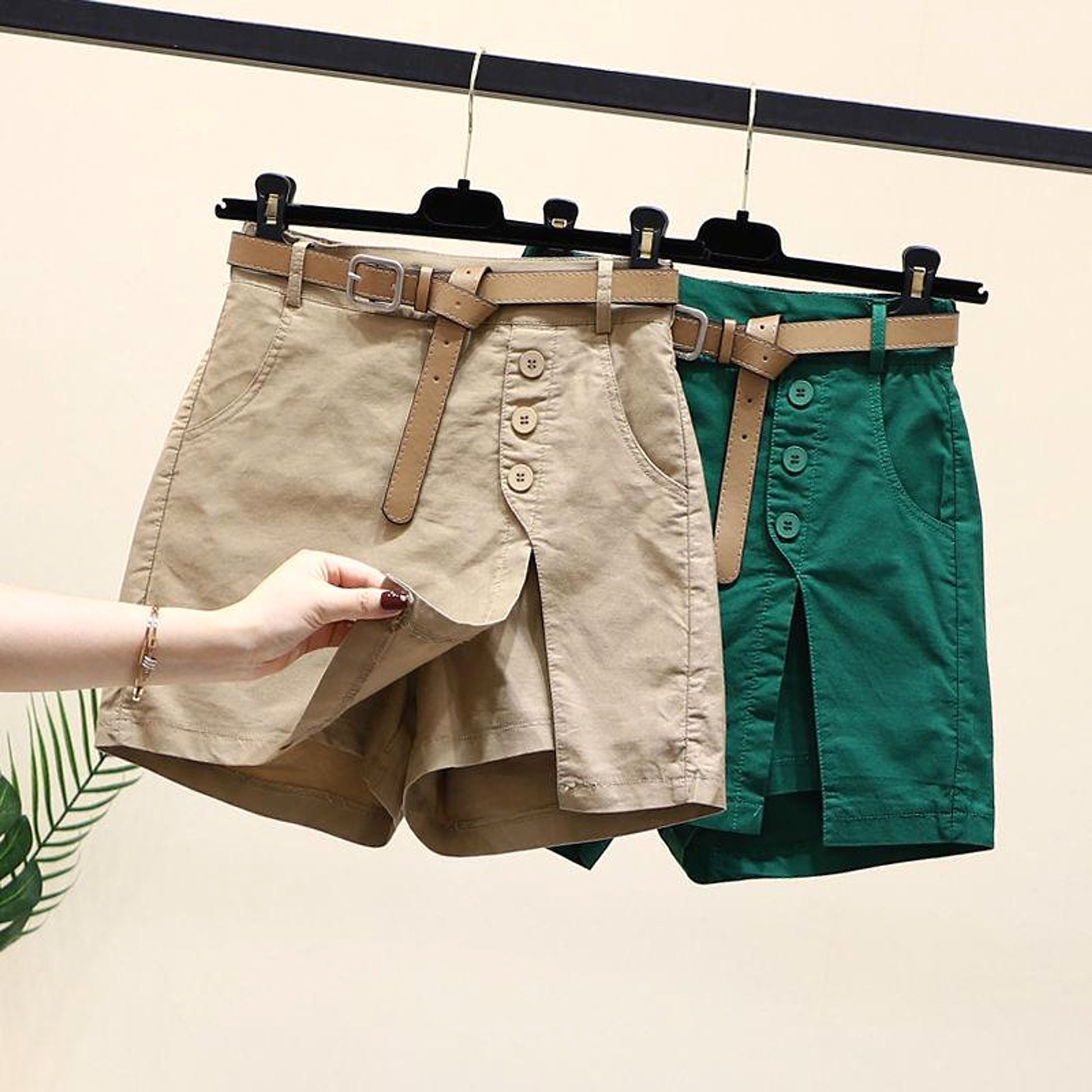 Summer New Button High Waist With Belt Cotton Shorts For Women Skirt - enhanced image 4