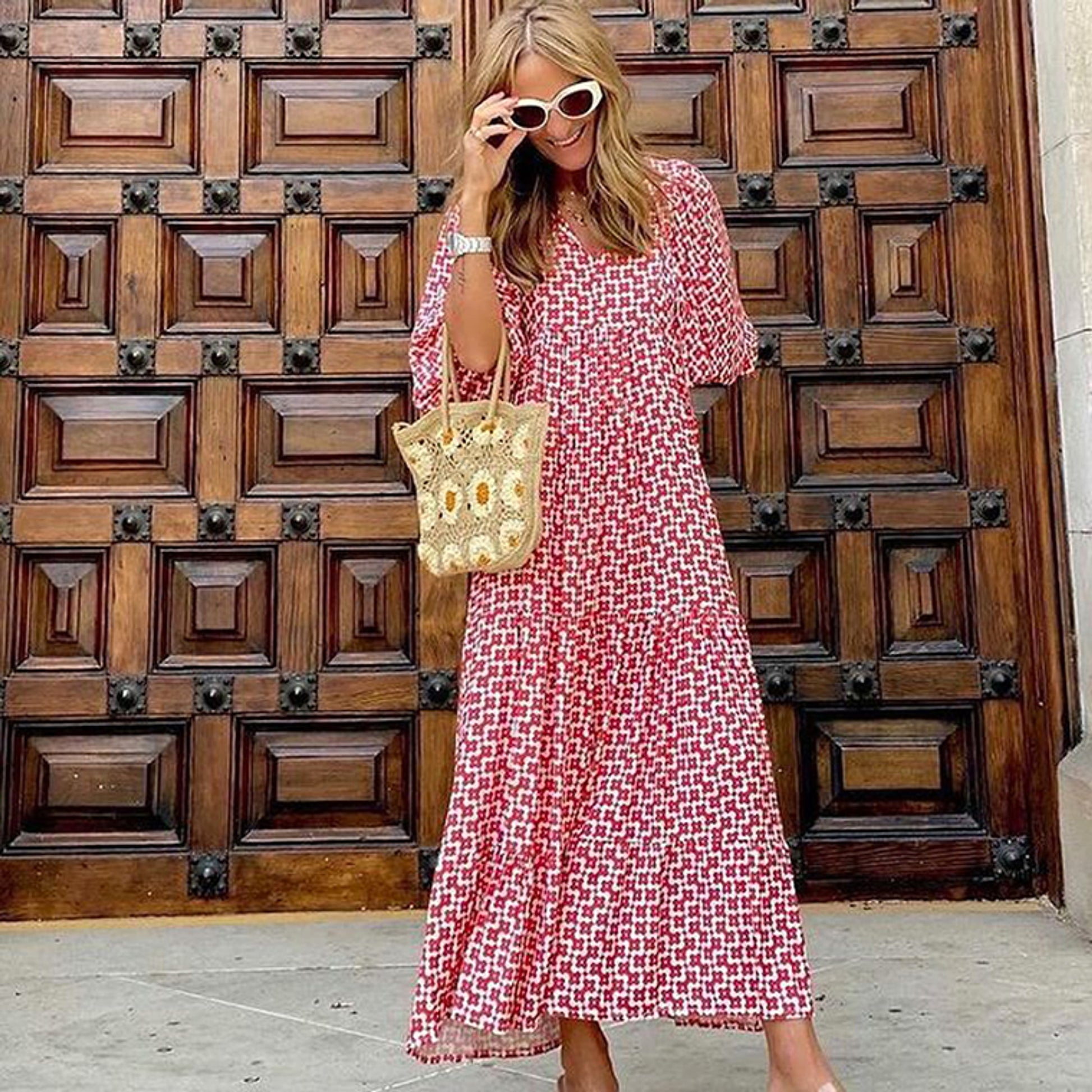 Summer Women's Vintage Printed Bohemian Dress Elegant Ladies Casual Loose V-Neck Short Sleeve Long Dresses - enhanced image 4