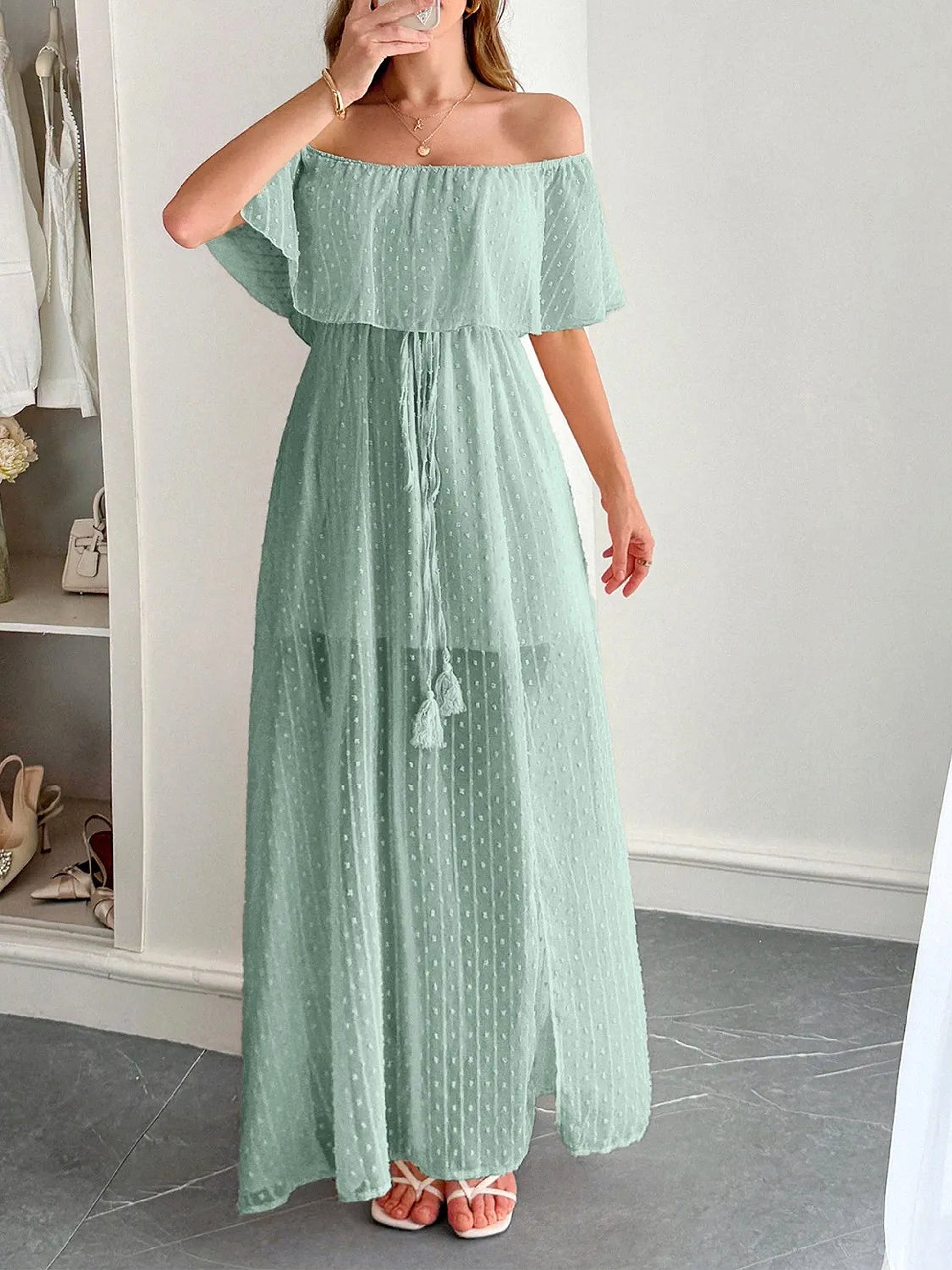 Swiss Dot Off Shoulder Maxi Dress - enhanced image 4