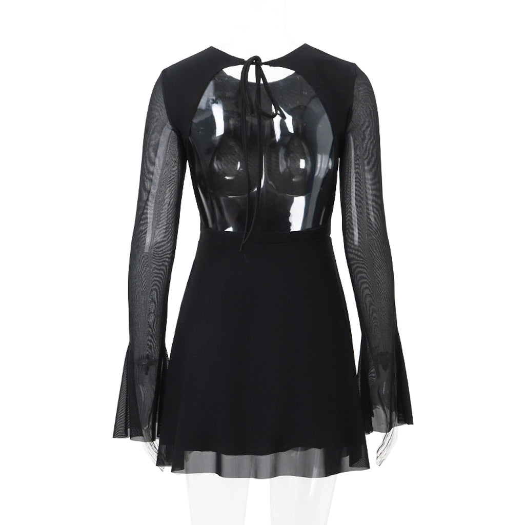 Temperament Crew Neck Horn Long Sleeve Mesh Dress Skinny Skirt - enhanced image 4