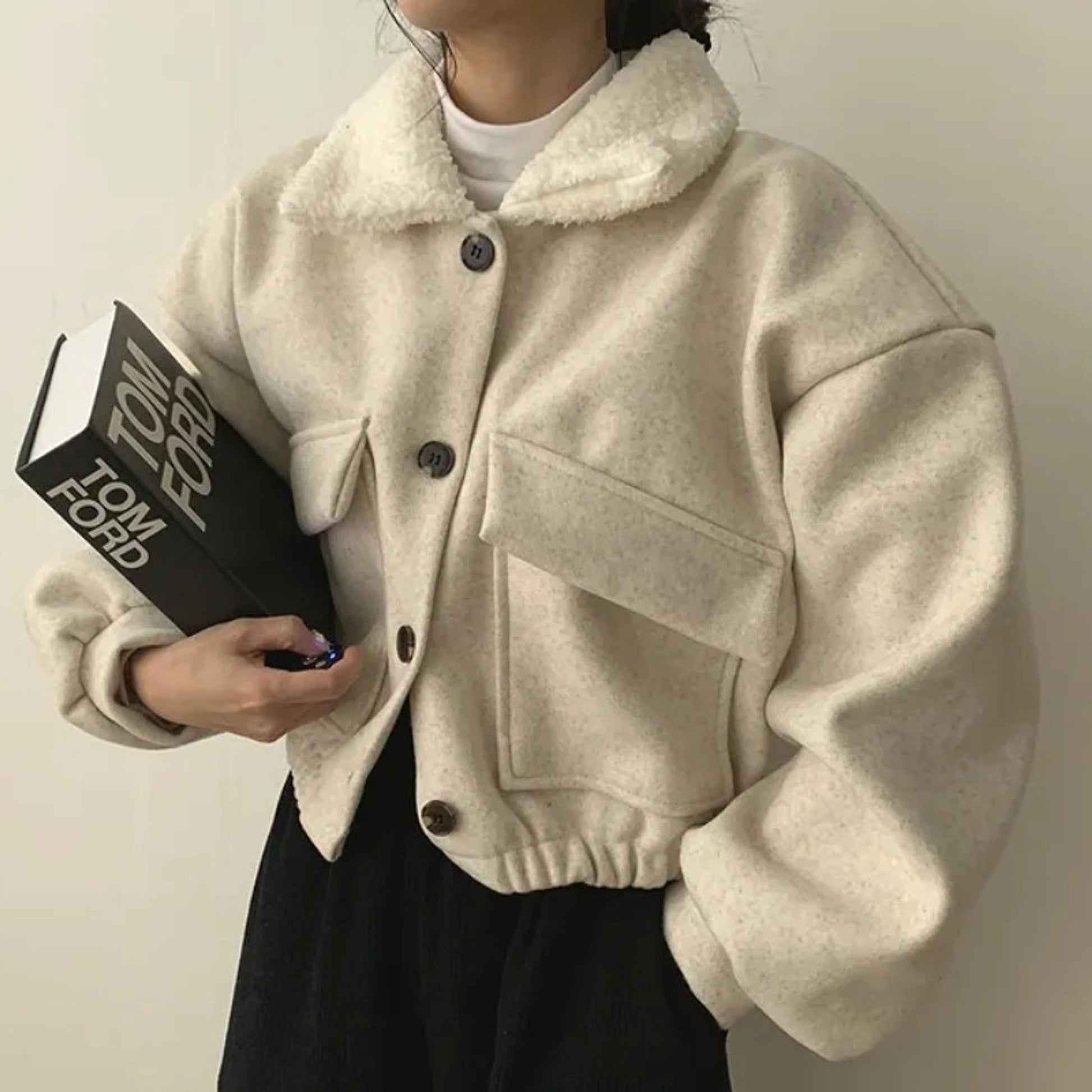 Thickened wool collar jumper for women with long sleeves and double pockets - enhanced image 4