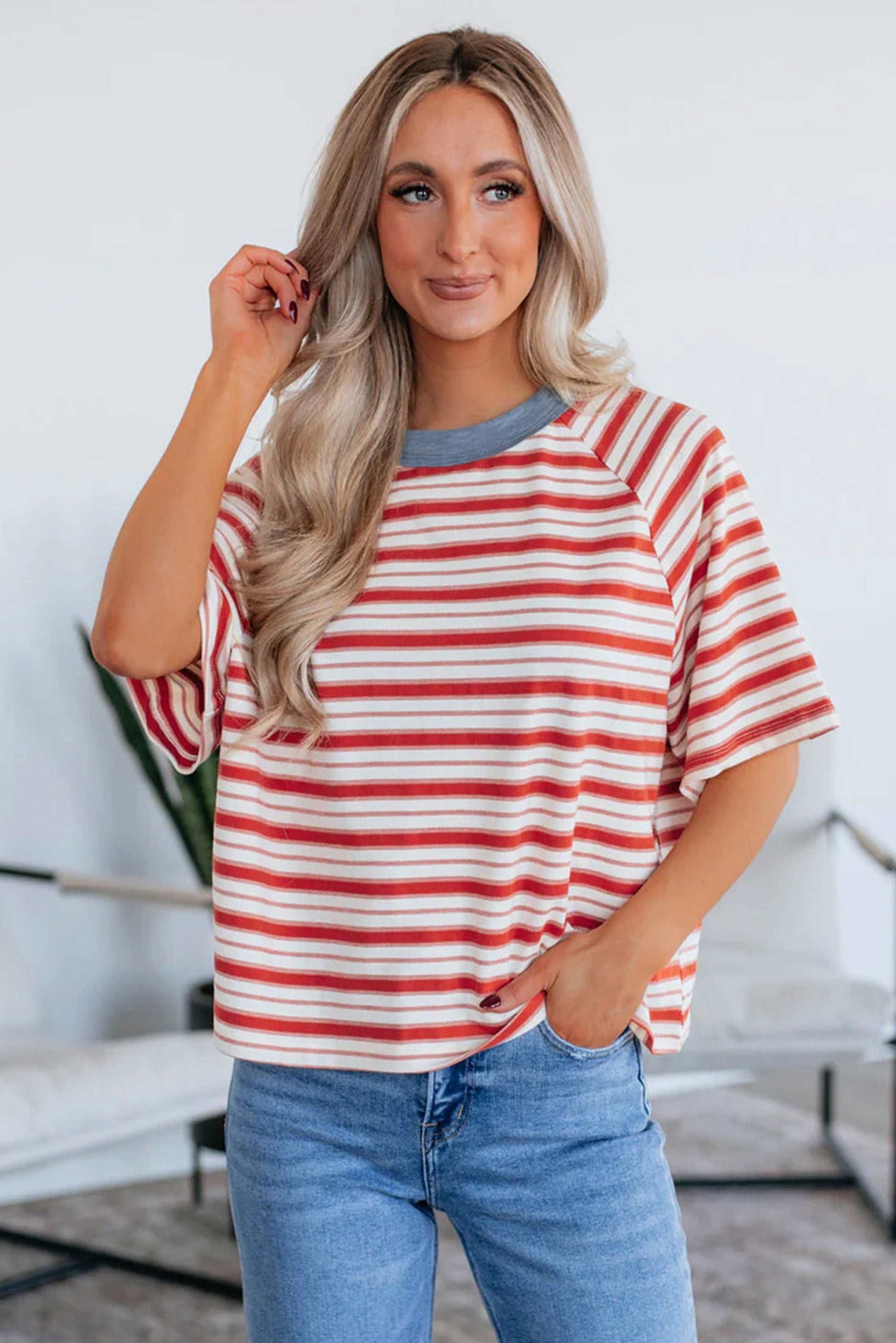 Tomato Red Stripe Print Contrast Collar Raglan Sleeve T Shirt - enhanced image 4