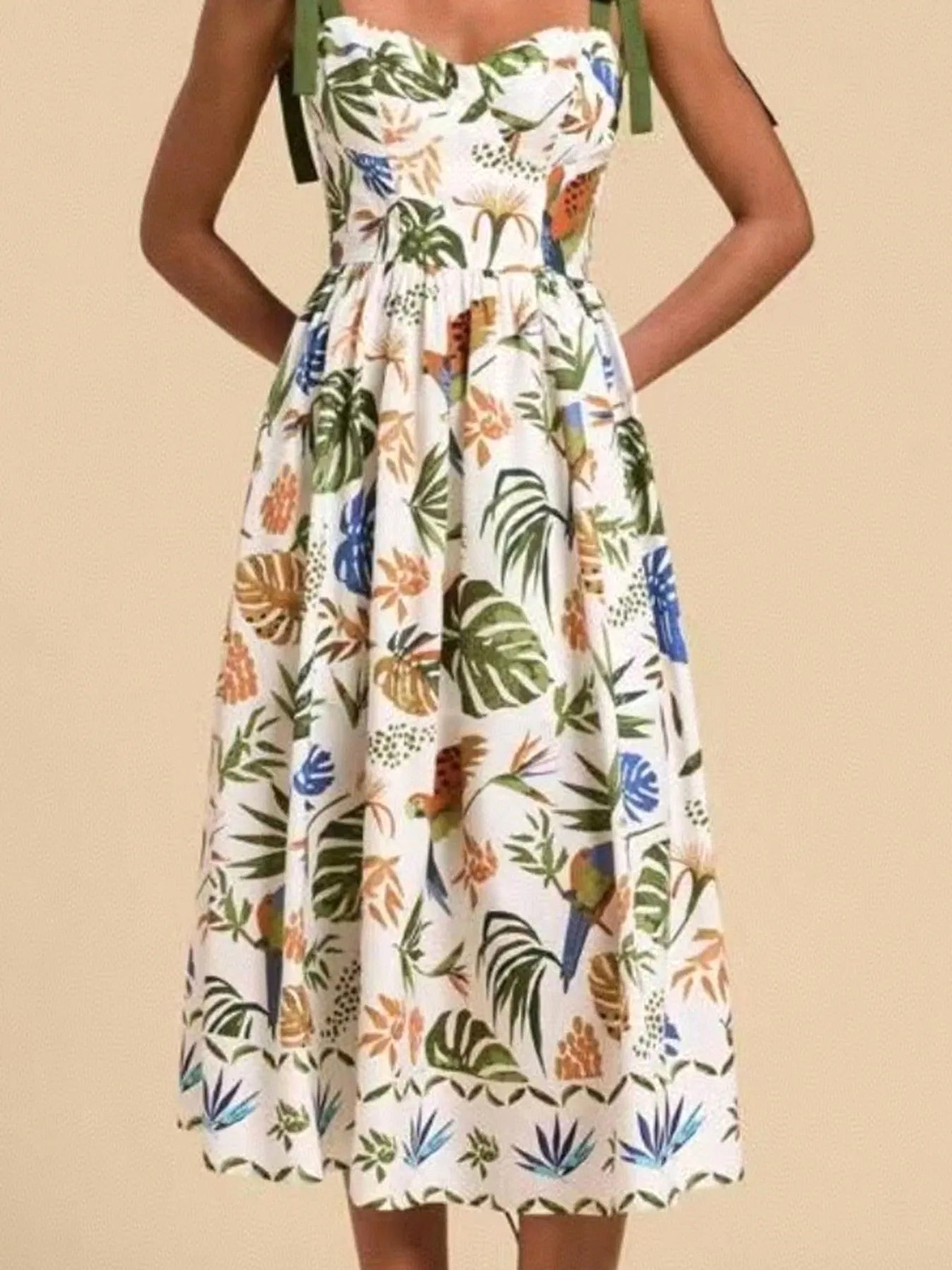 Tropical Print Tie-Shoulder Sweetheart Neck Midi Dress - enhanced image 4