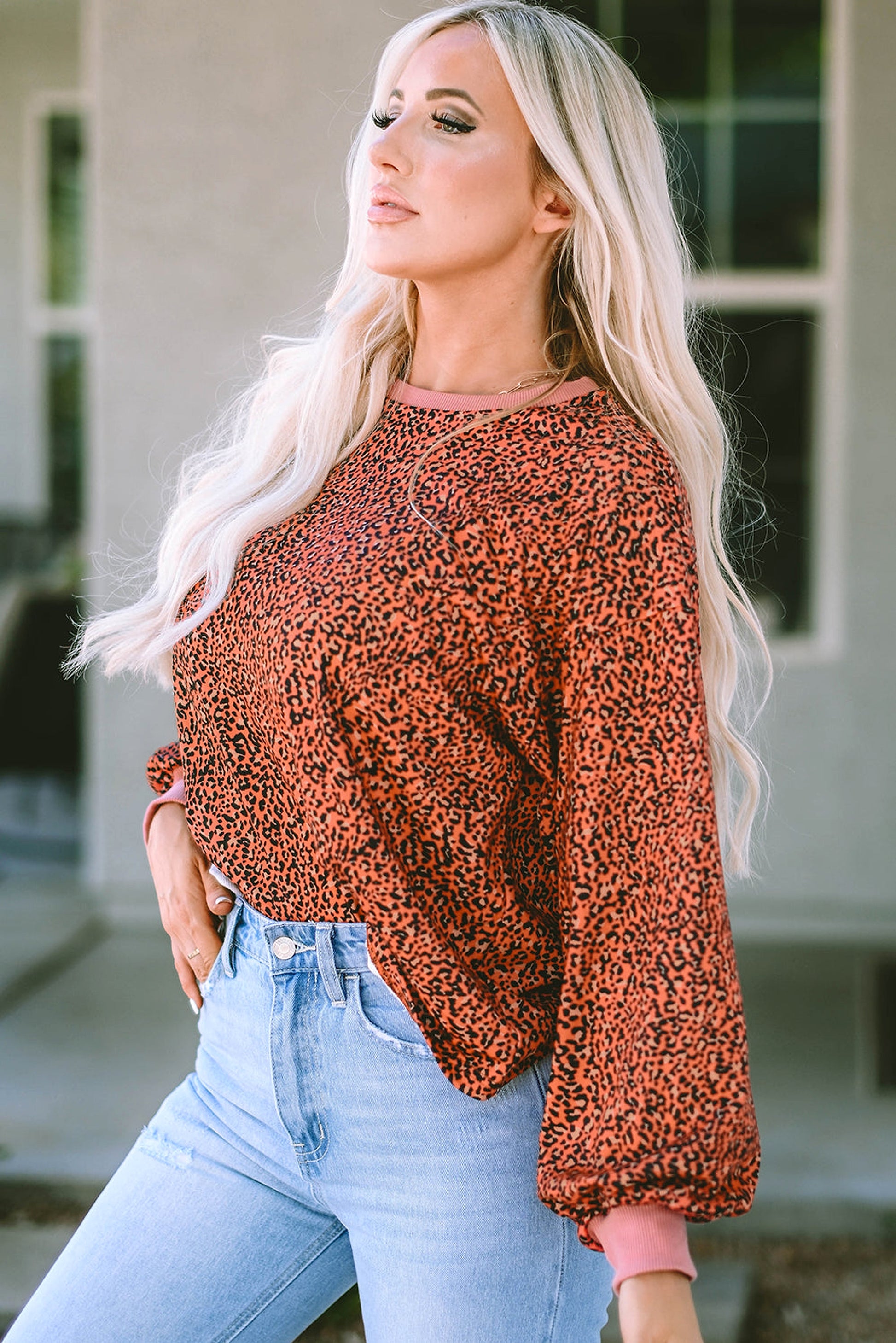 Vintage Leopard Bubble Sleeve Pullover Sweatshirt - enhanced image 4