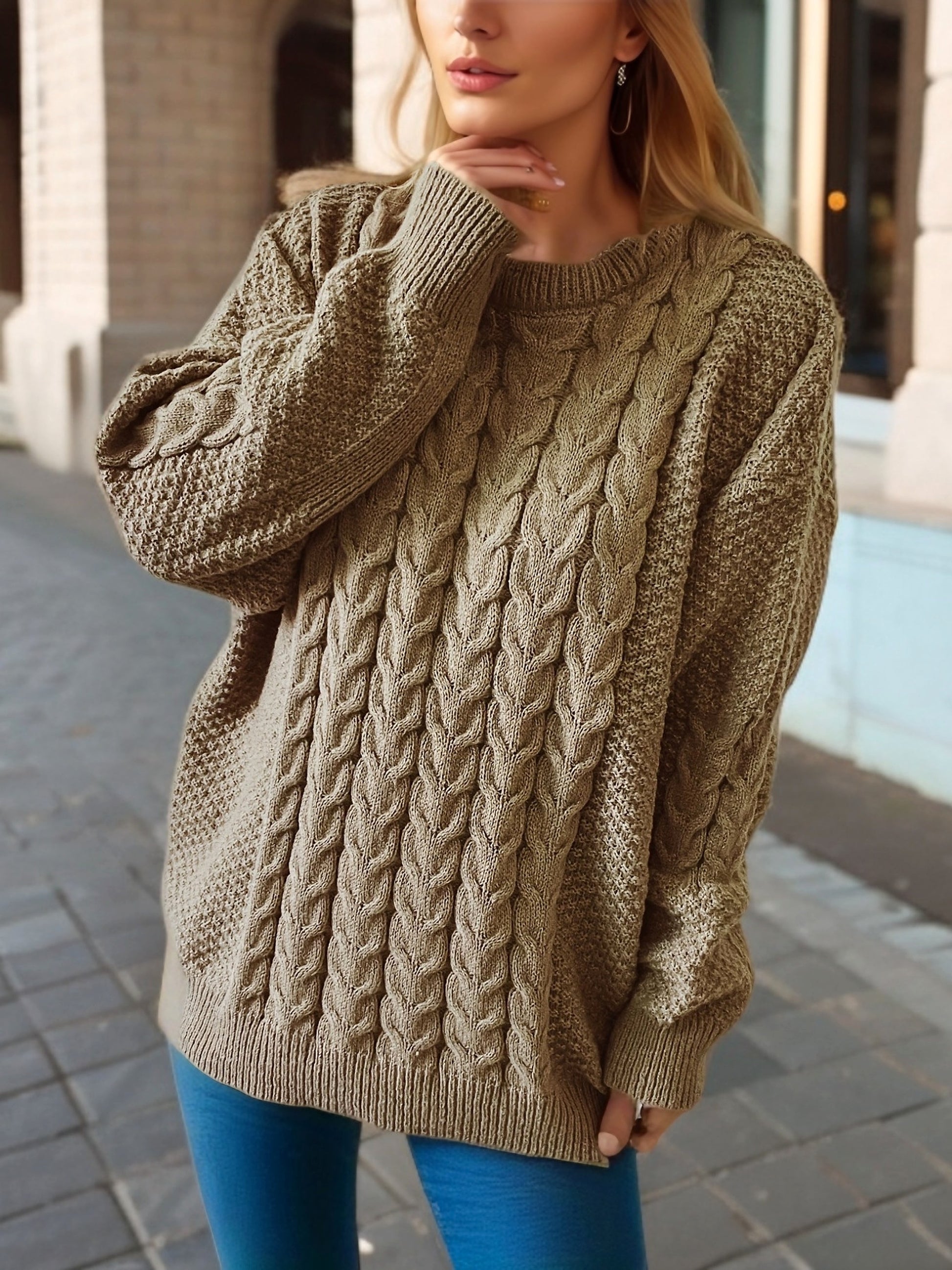Vintage Vertical Stripes Twist Round Neck Long Sleeve Knitted Pullover Thick Needle Sweater For Women - enhanced image 4