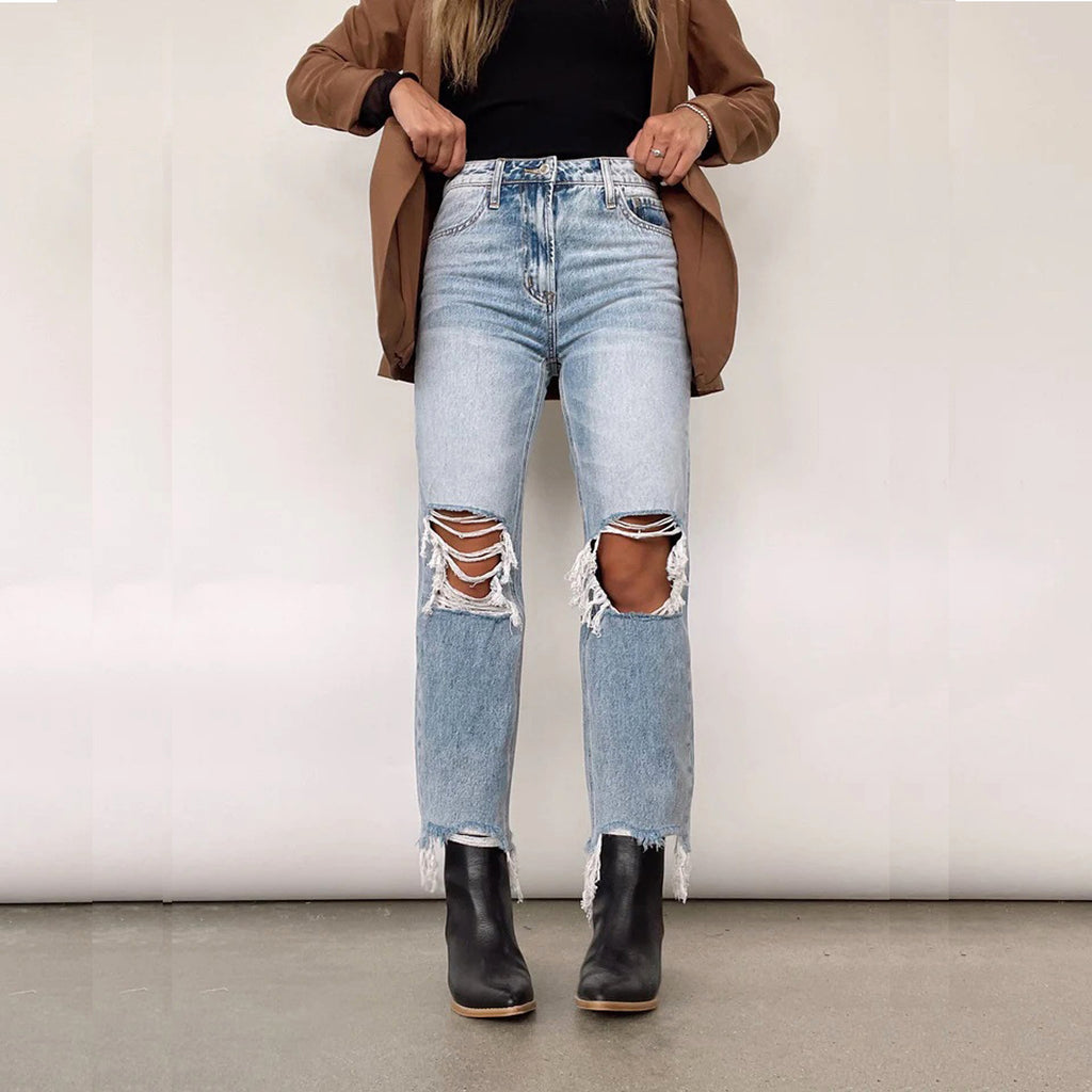 Water Washed Hole High Waist Loose Straight Trousers Women Jeans - enhanced image 4