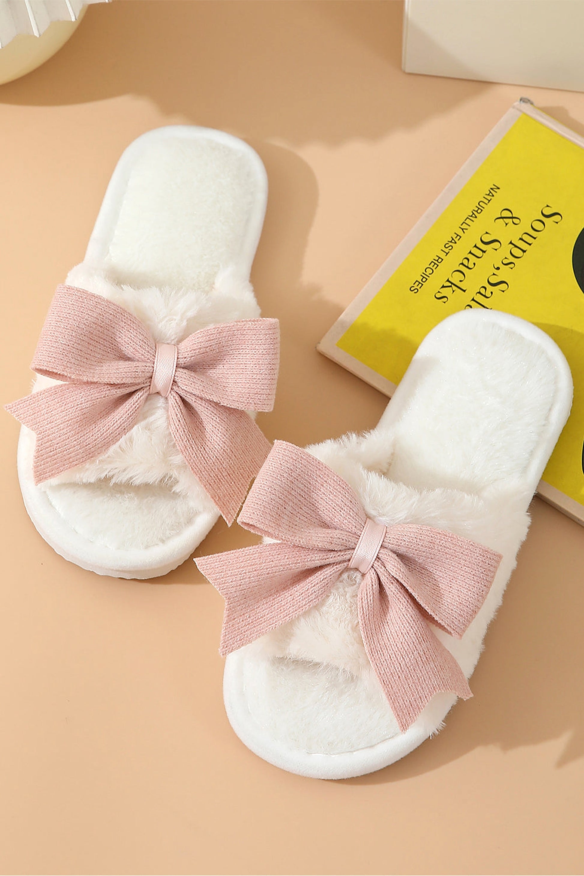 White Bow Knot Decor Open Toe Plush Slippers - enhanced image 4