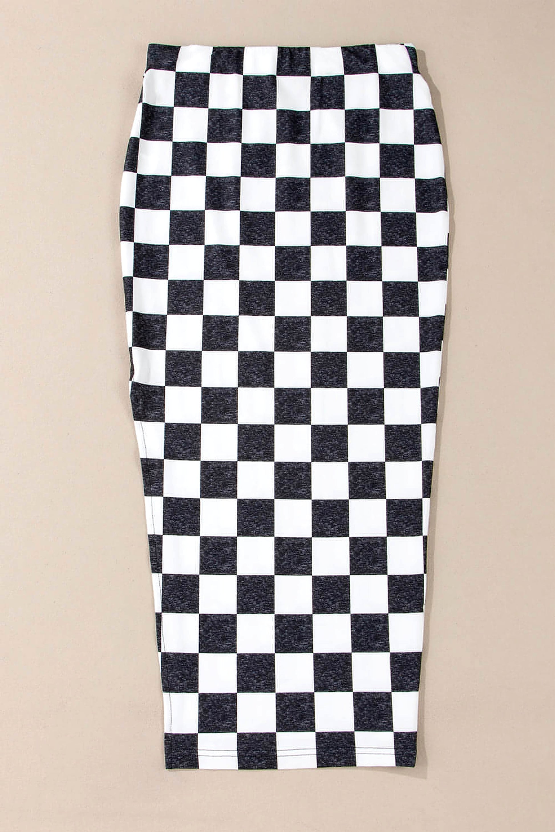 White Checkered Print Side Slit High Waist Midi Skirt - enhanced image 4