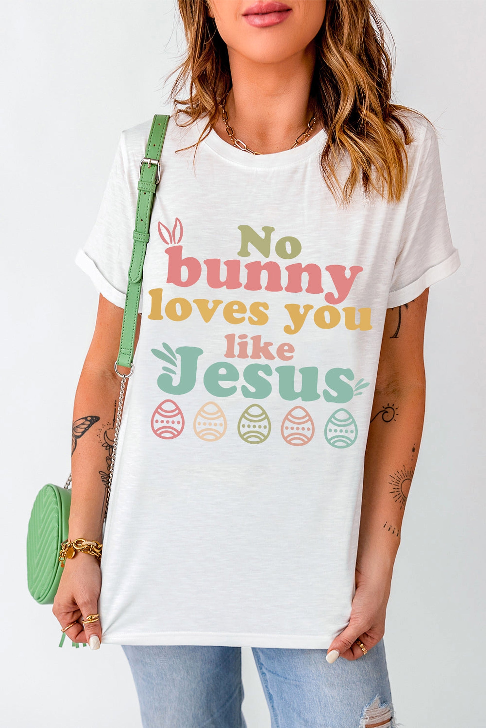 White No bunny loves you like Jesus Graphic Easter Day T-shirt - enhanced image 4