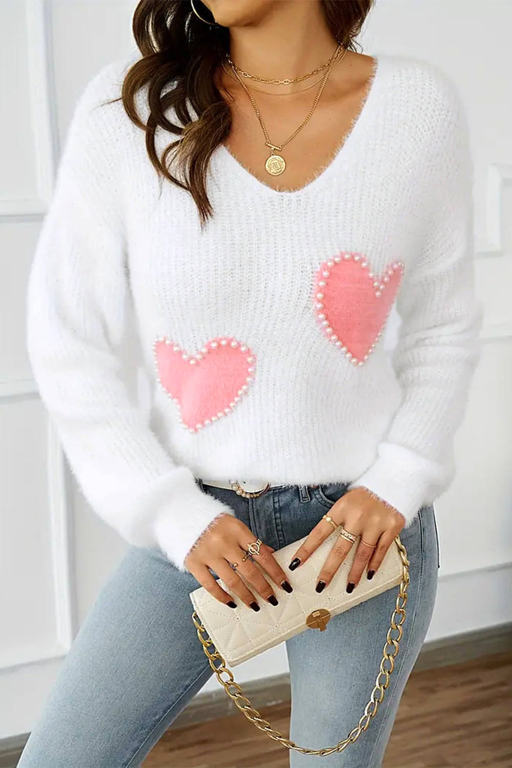 White Pearl Beaded Heart Pattern Fuzzy V Neck Sweater - enhanced image 4