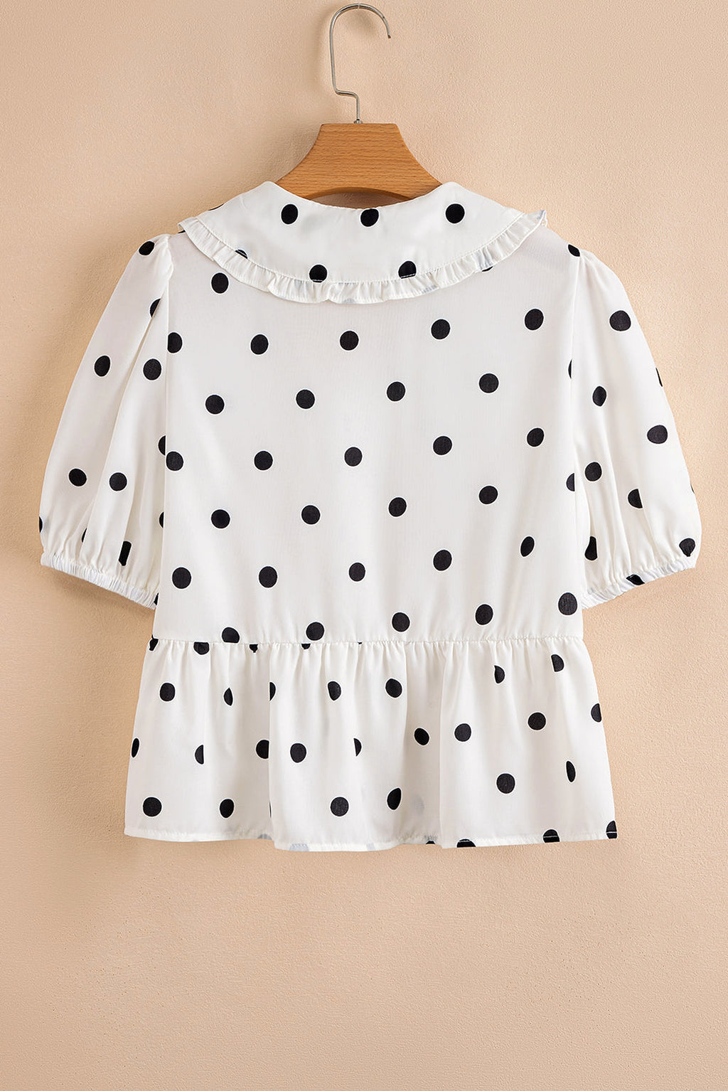White Polka Dot Collared Lace up Font Puff Sleeve Peplum Top - enhanced image 4