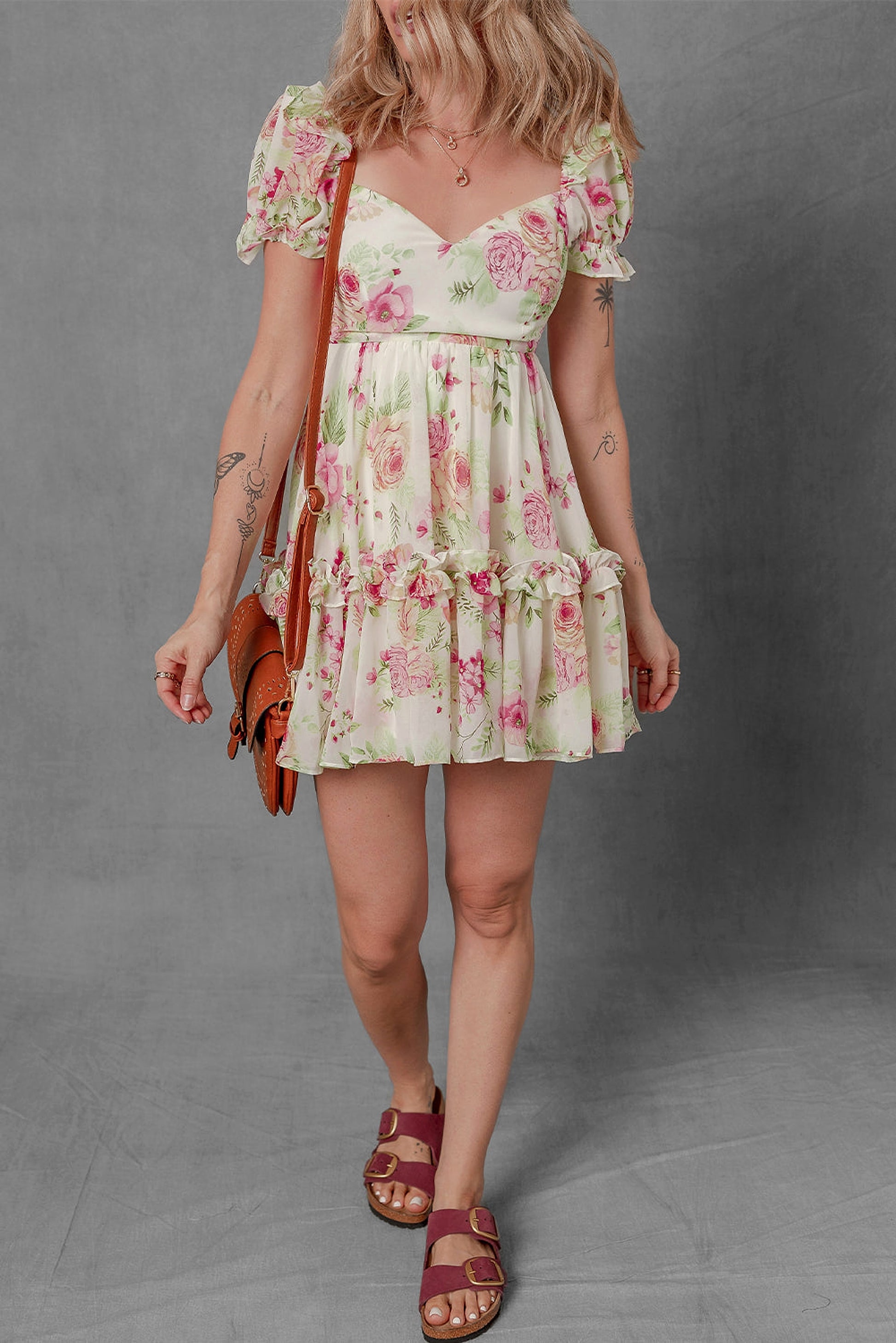 White Vibrant Floral Bubble Sleeve Sweetheart Neck Ruffle Mini Dress - enhanced image 4