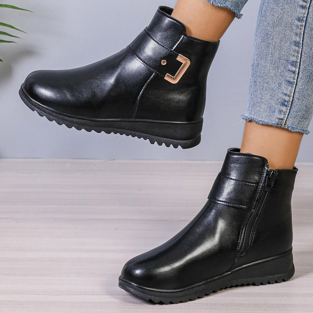 Winter Fleece Boots With Side Zipper Design Fashion Simple Non-slip Ankle Boots For Women Warm Pu Leather Shoes - enhanced image 4