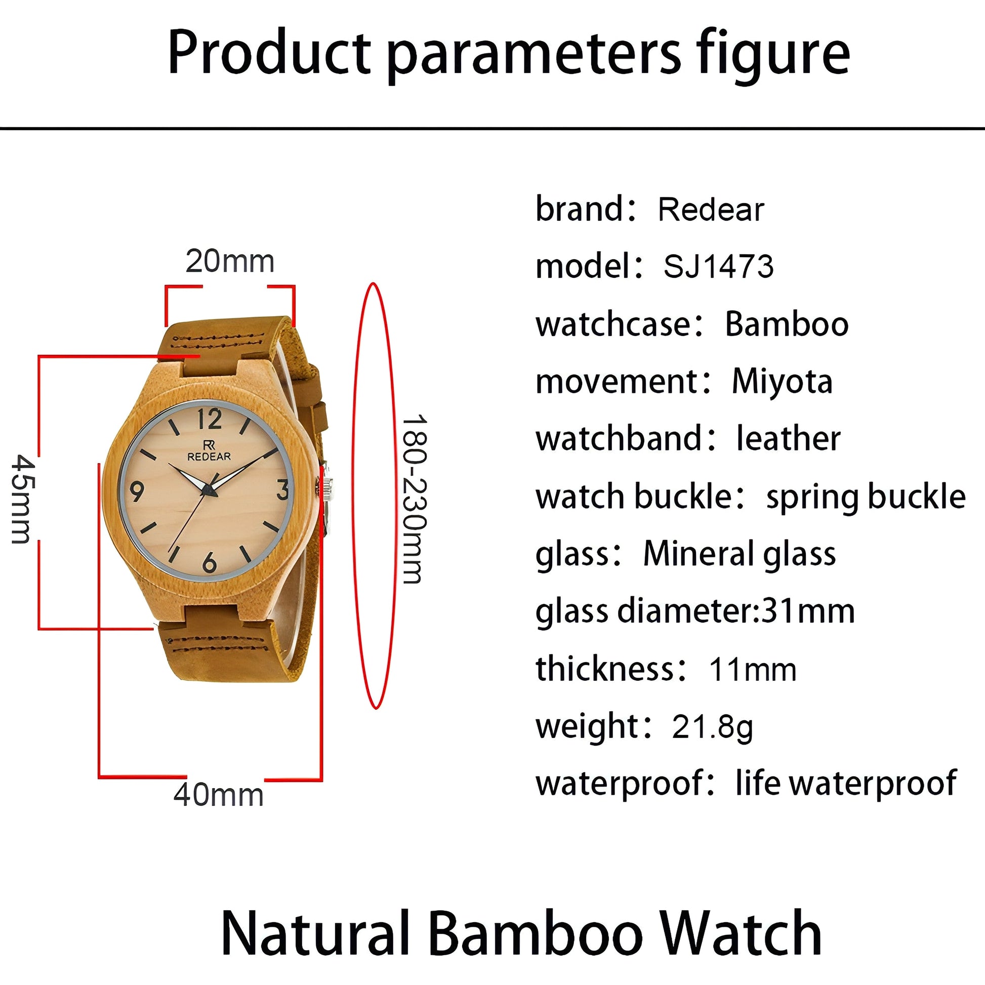 Engraved Bamboo Photo Watch Wooden Leather Strap 40mm - enhanced image 4