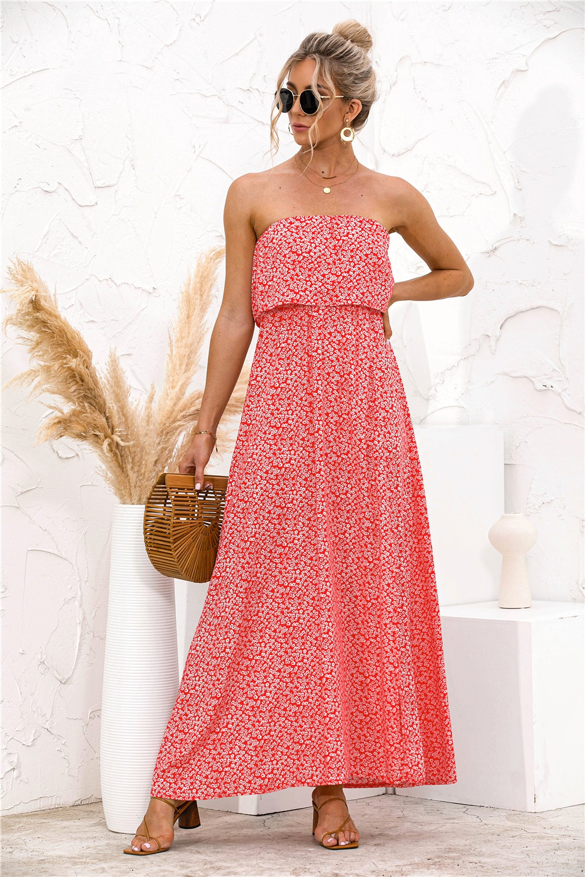 Women's Fashion Tube Top Floral Split Dress - enhanced image 4