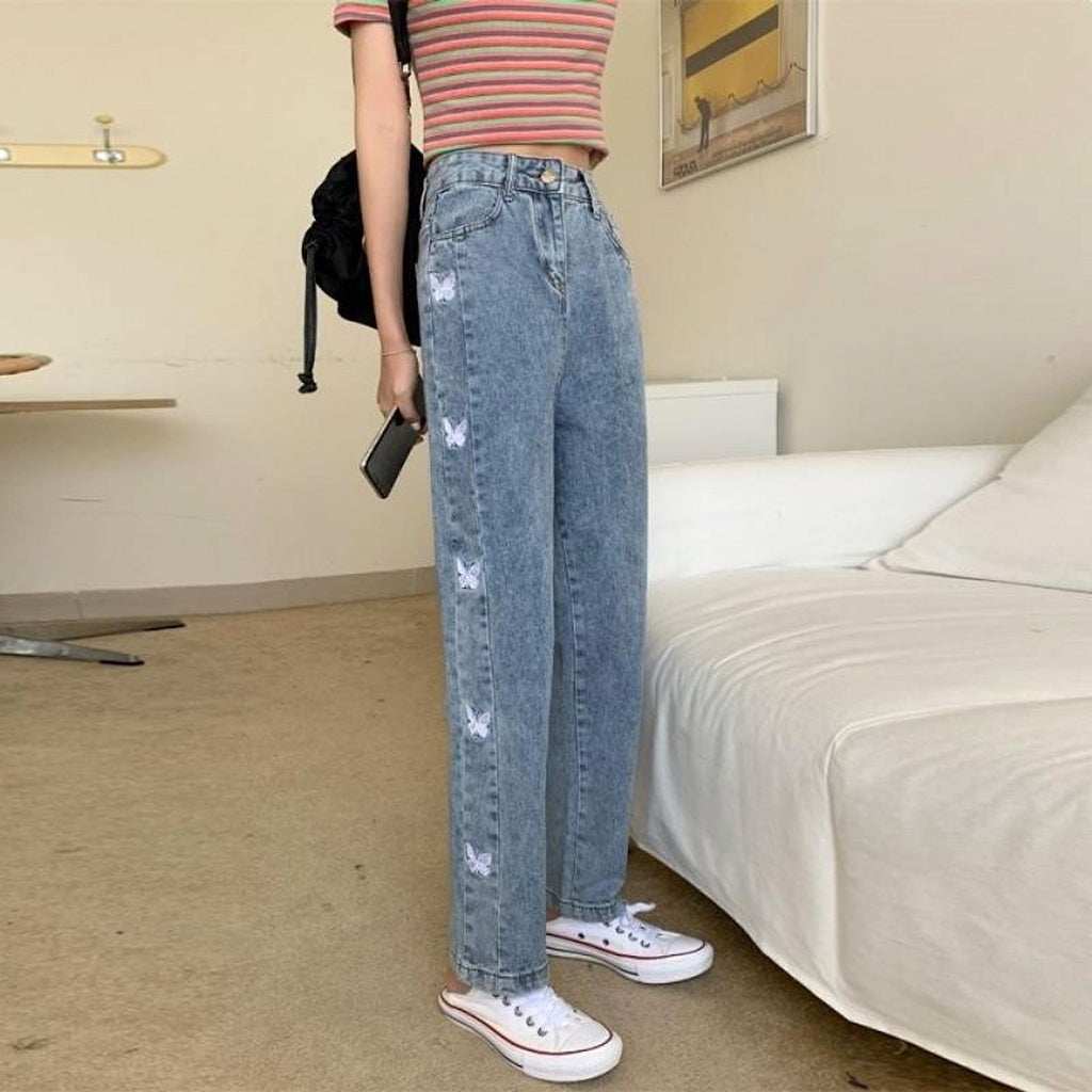 Women's Loose All-match Butterfly Embroidered Straight Jeans - enhanced image 4