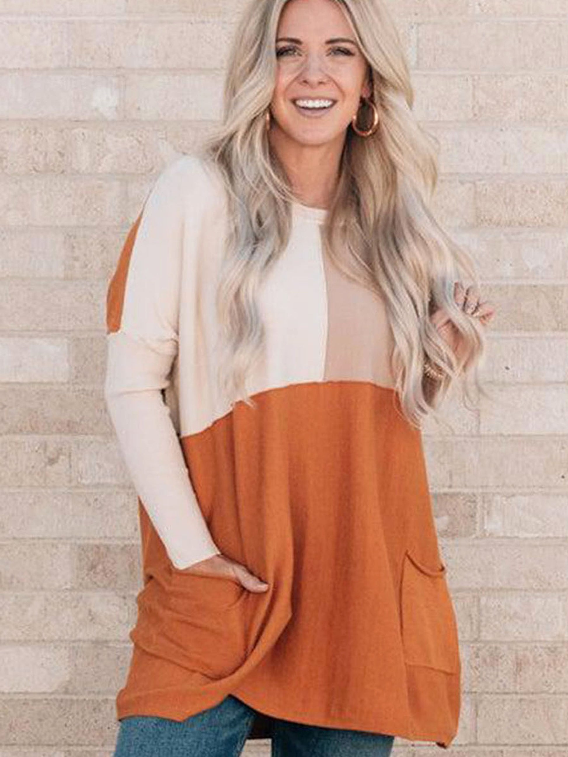 Women's Orange Pocket Color Matching Long-sleeved Top T-shirt - enhanced image 4