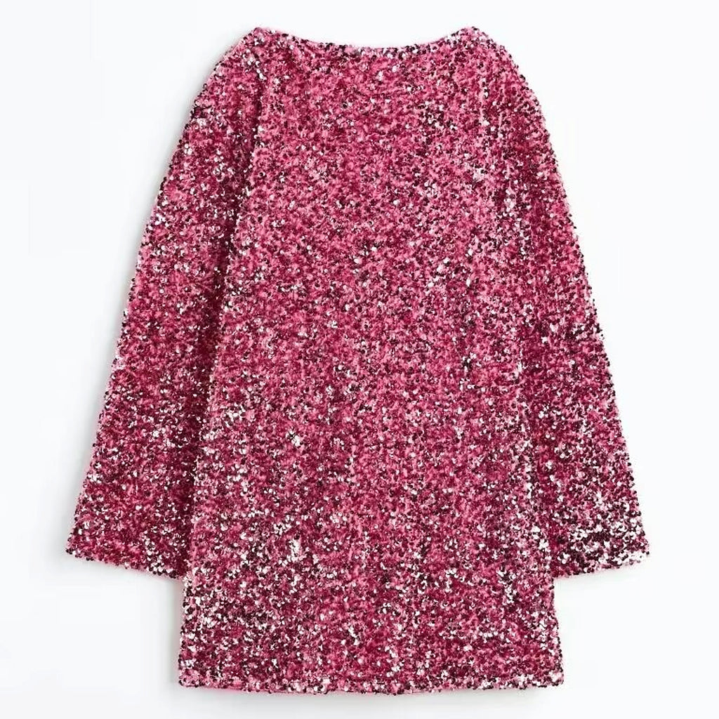 Women's Round Neck Long Sleeve Loose Sequins Short Spandex Dress - enhanced image 4