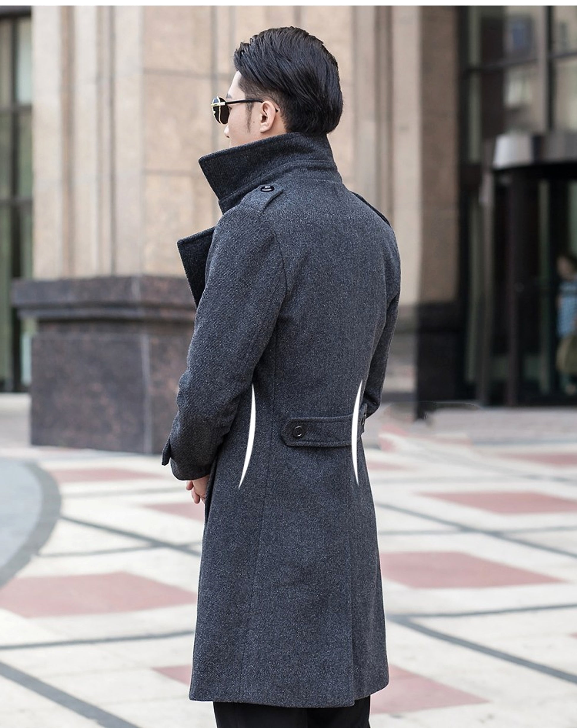 Woolen Striped Double Breasted Trench Coat Men - enhanced image 4