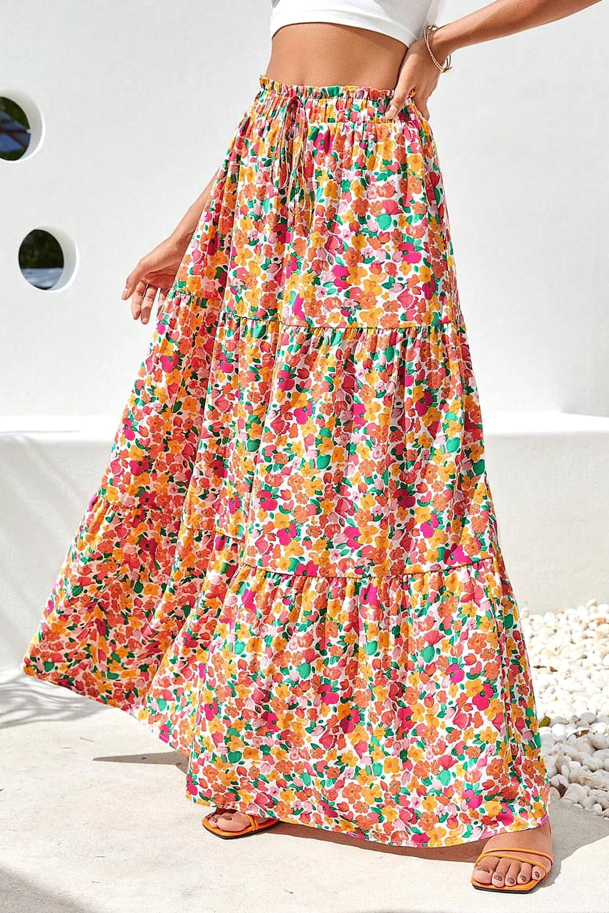 Yellow Boho Floral Print Tiered Long Skirt - enhanced image 4