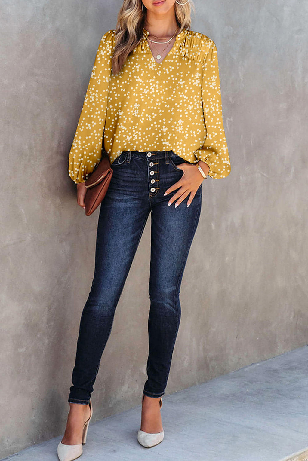Yellow Split Neck Fall Printed Crinkled Blouse - enhanced image 4