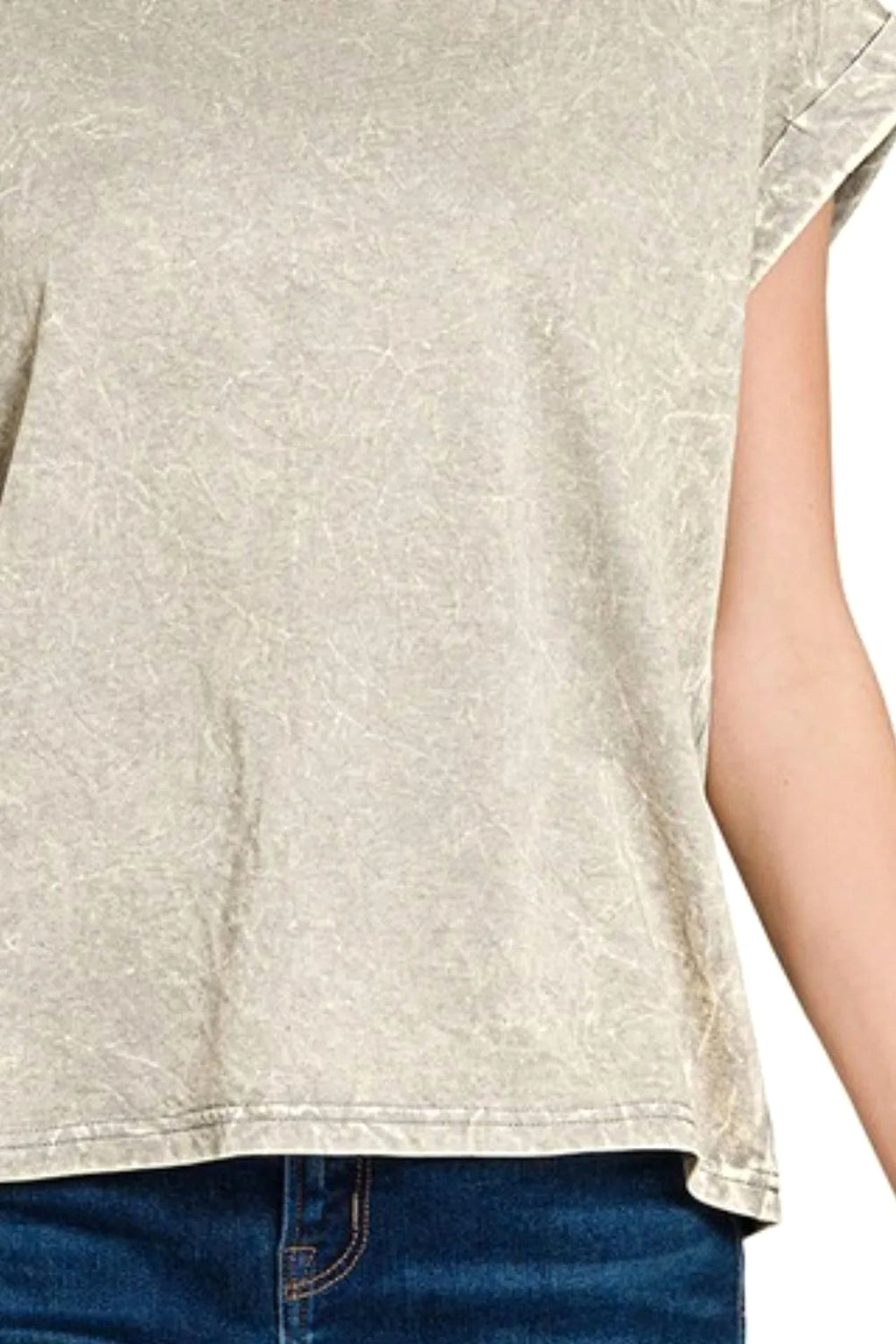 Zenana Crinkle Washed Round Neck Folded Short Sleeve Tee - enhanced image 4