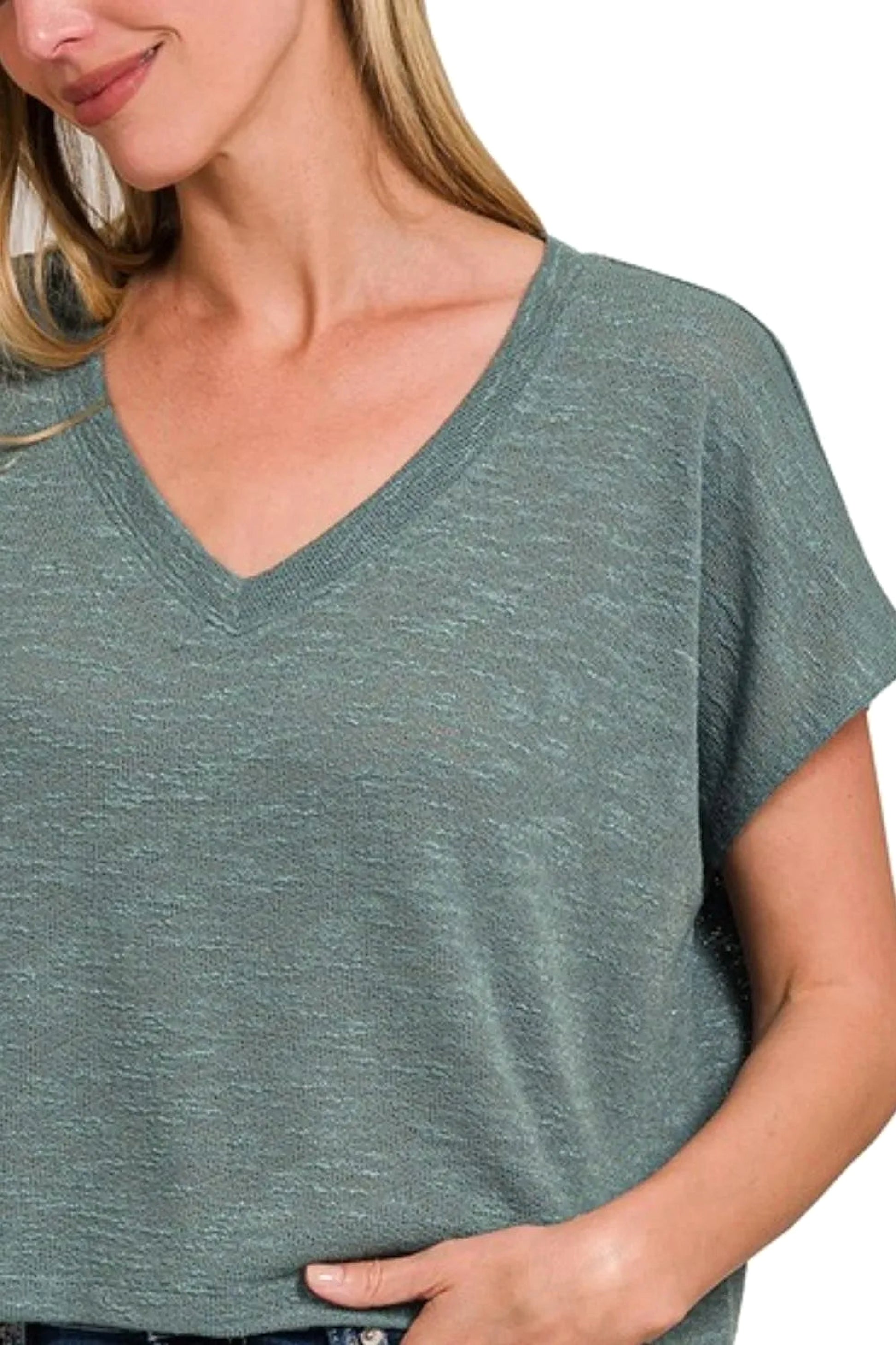 Zenana Hacci Slub V-neck Drop Shoulder Crop Top - enhanced image 4