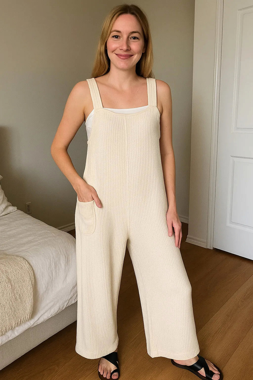 Zenana Knit Waffle Wide Leg Overalls - enhanced image 4