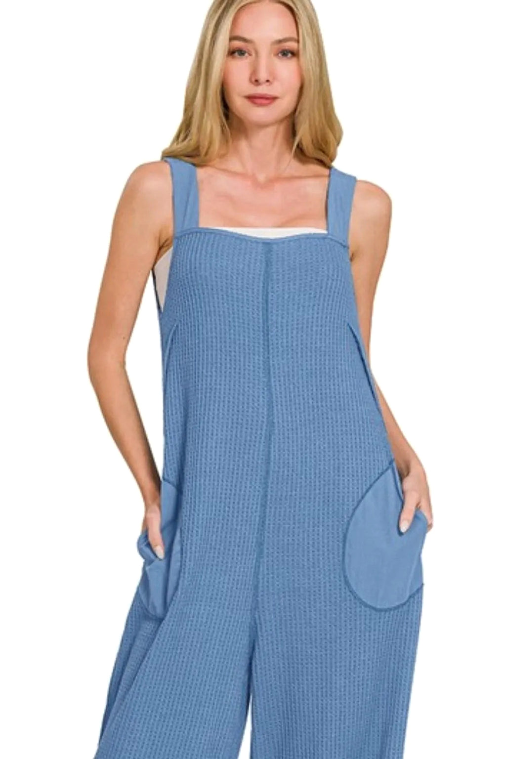 Zenana Knit Waffle Wide Leg Overalls - enhanced image 4