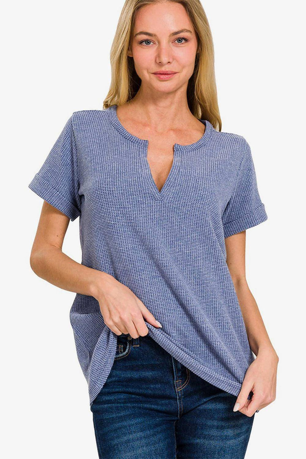 Zenana Notched Short Sleeve Waffle T-Shirt - enhanced image 4
