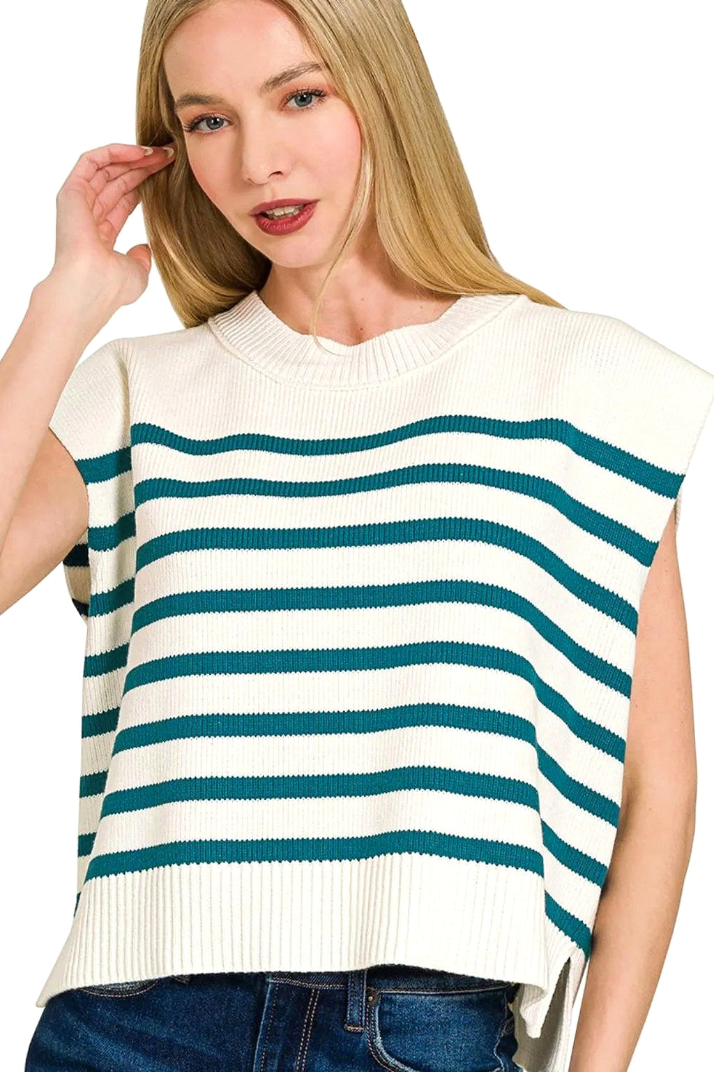 Zenana Oversized Crew Neck Stripe Sweater Vest - enhanced image 4