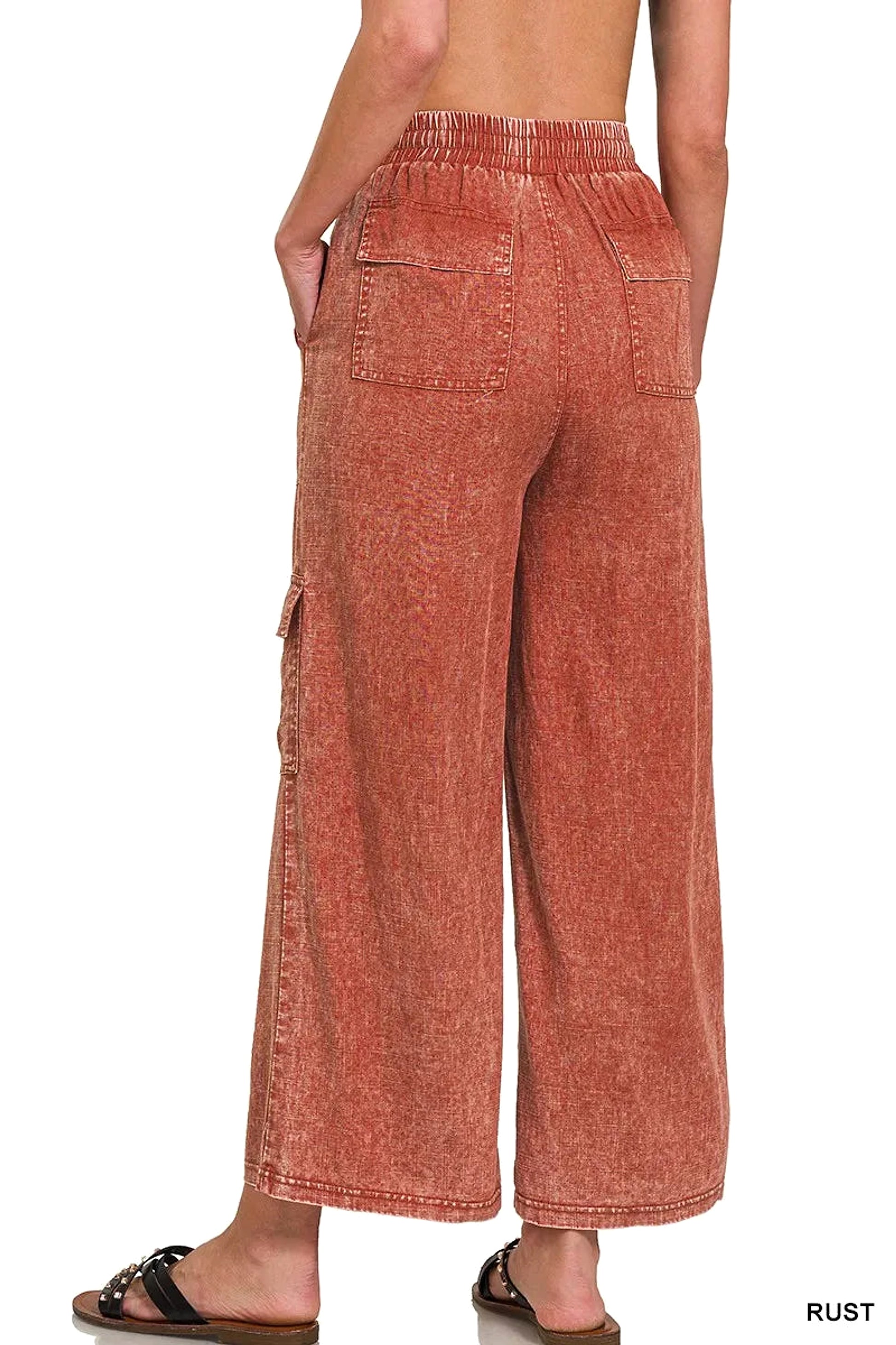 Zenana Washed Linen Elastic Band Waist Cargo Pants - enhanced image 4
