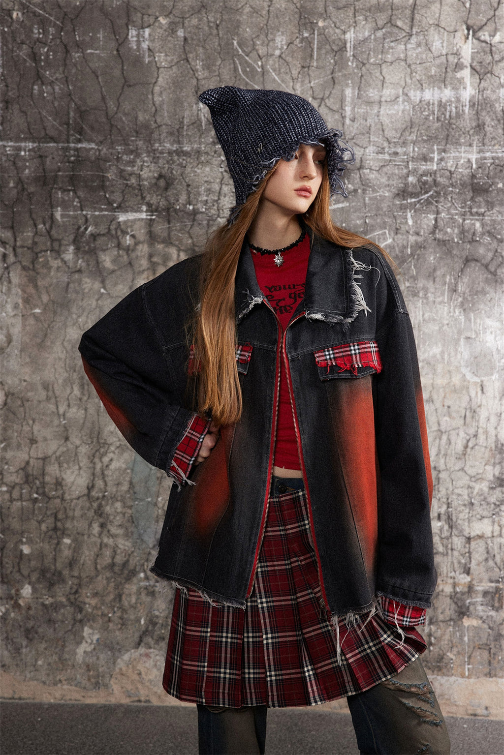 A1. Color Matching Cat Raw-cut Edges Washed And Worn Loose Lapels Coat Fashion - enhanced image 5