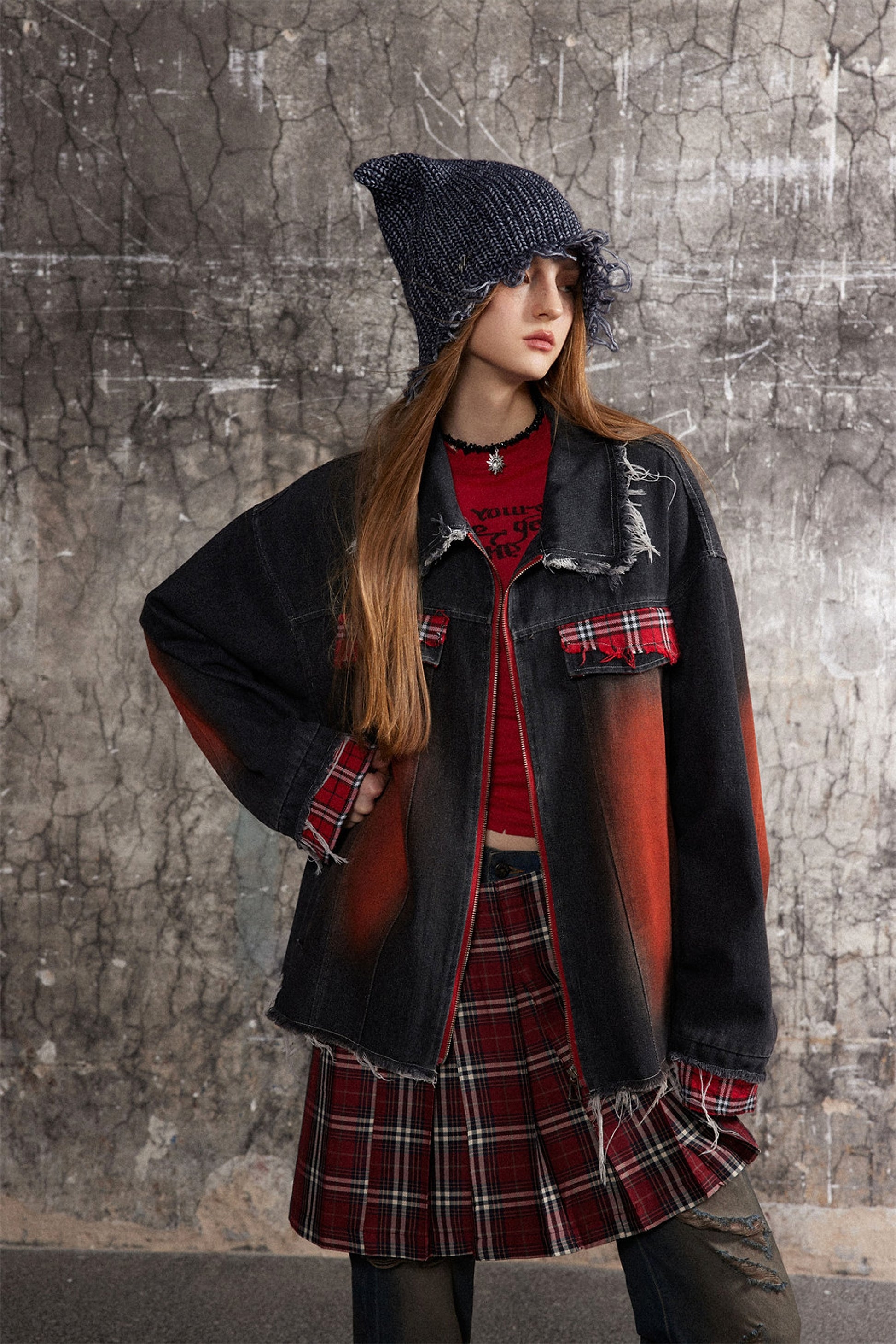 A1. Color Matching Cat Raw-cut Edges Washed And Worn Loose Lapels Coat Fashion - enhanced image 5