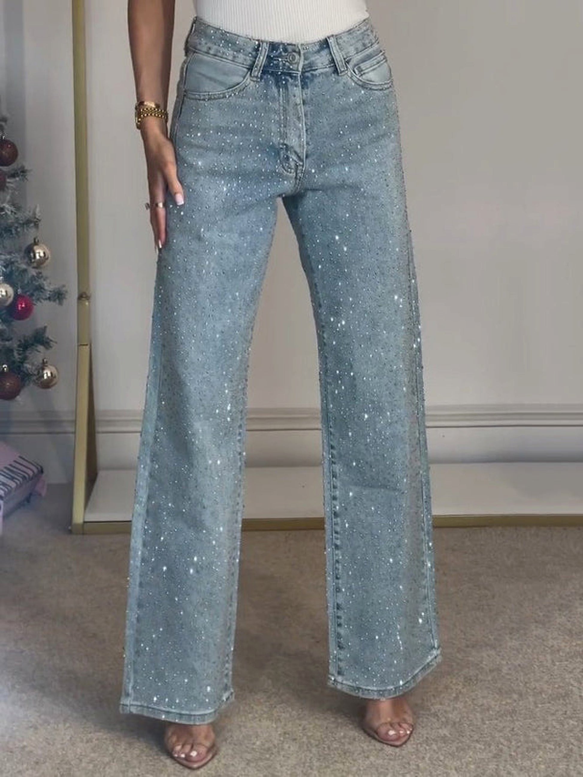 25 Edition – Women’s High Waist Straight Street Jeans with Glitter Details - enhanced image 5