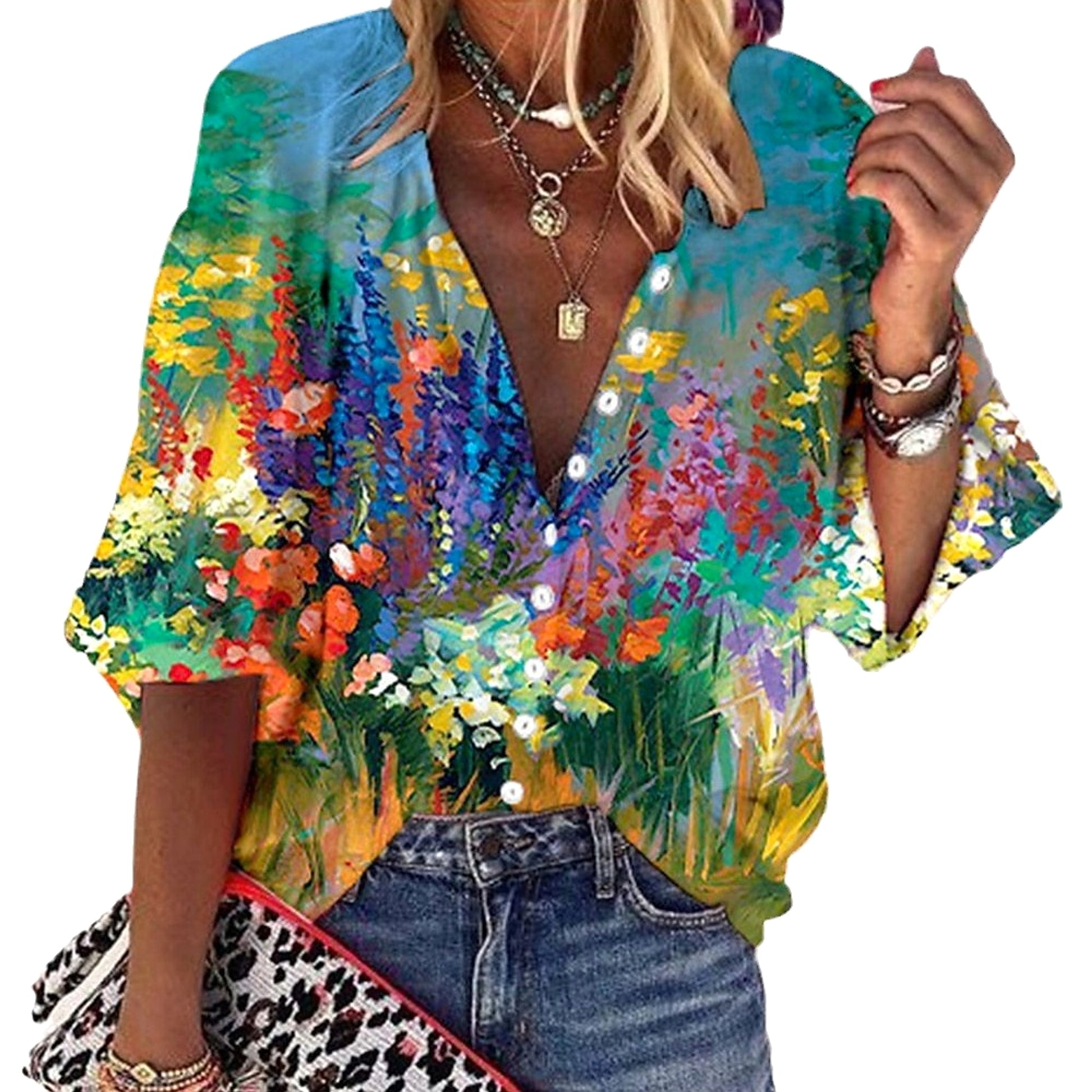 3d Flower Printed Long-sleeved Top DressShirt Women - enhanced image 5