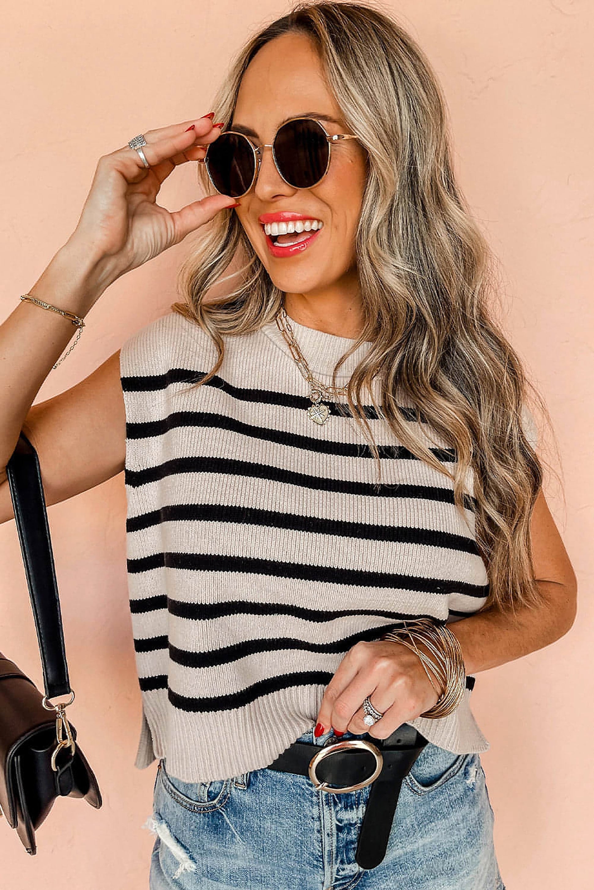 Apricot Stripe Boxy Knitted Round Neck Sweater Tank - enhanced image 5