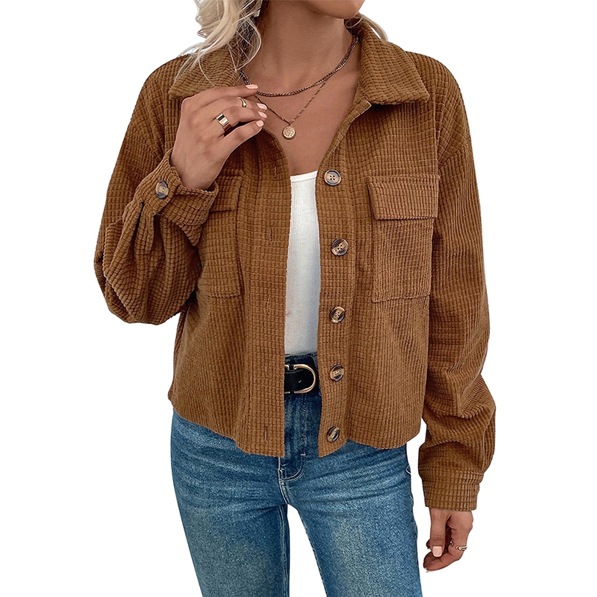Autumn And Winter Corduroy Polo Collar Jacket Vintage Brown Pocket Coat Women - enhanced image 5