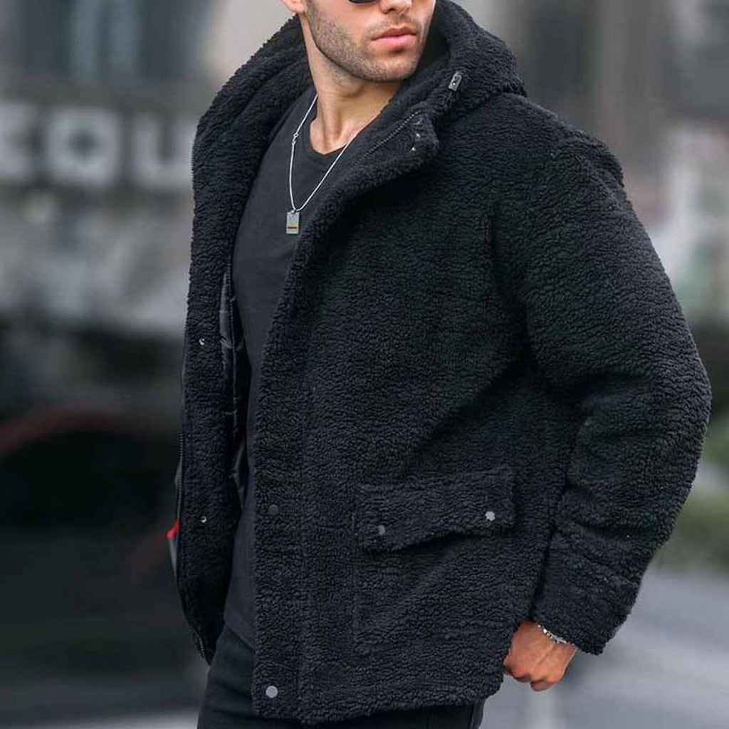 Autumn And Winter Men's Hooded Solid Color Coat Jacket Polar Fleece European And American Leisure Trendy - enhanced image 5