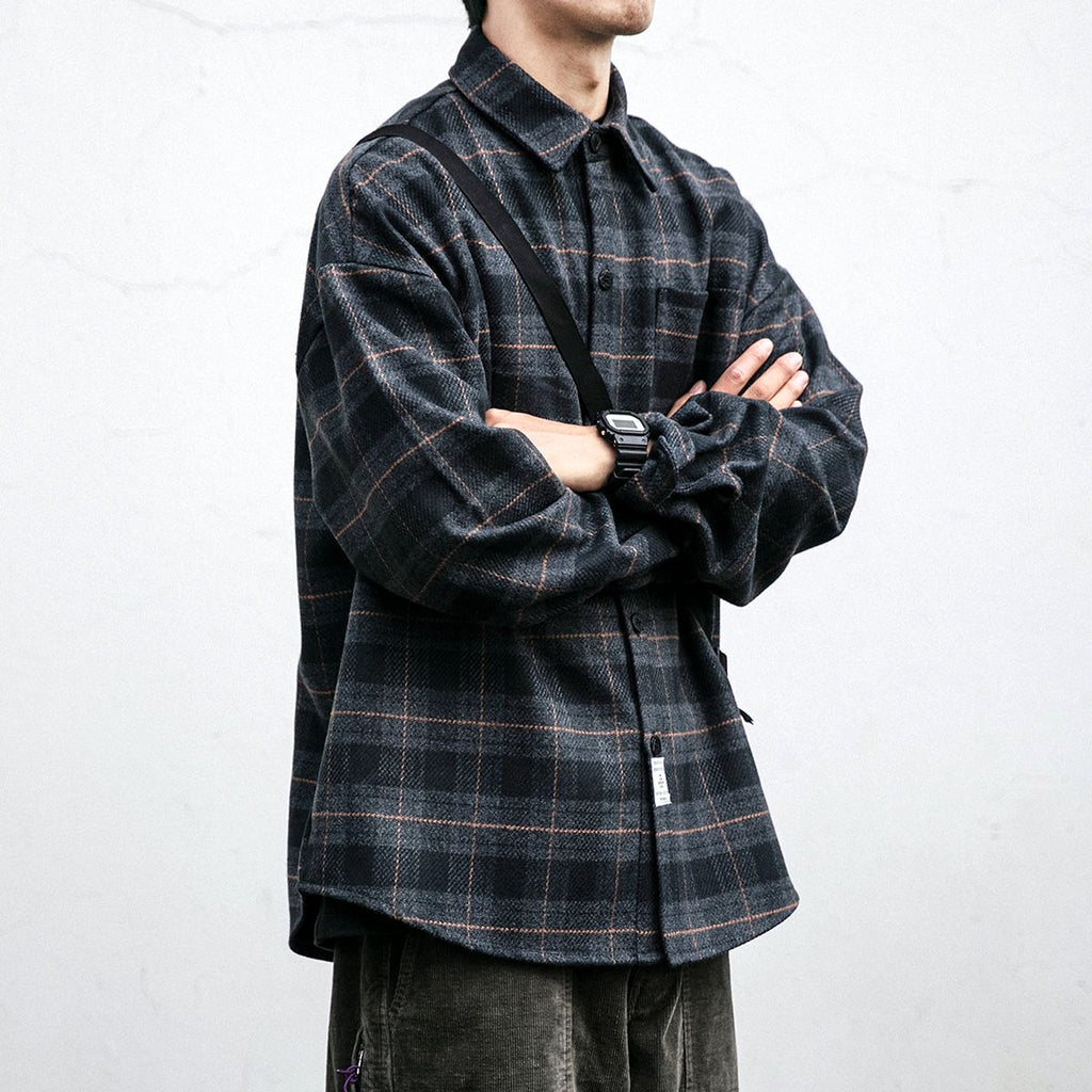 Autumn Winter Retro Sanding Padded Plaid DressShirt Men - enhanced image 5