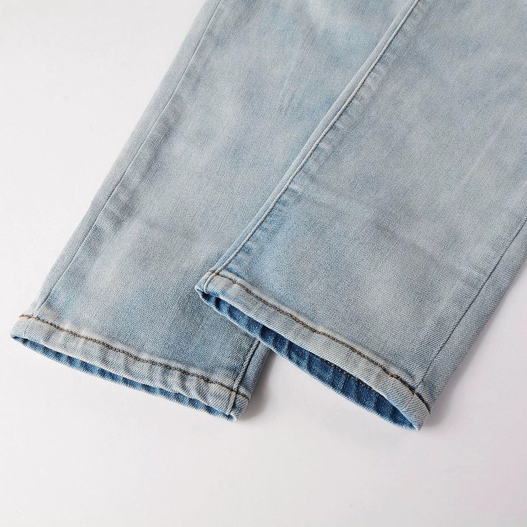 Baby Blue Wash Water Worn Patch Torn Jeans Male - enhanced image 5