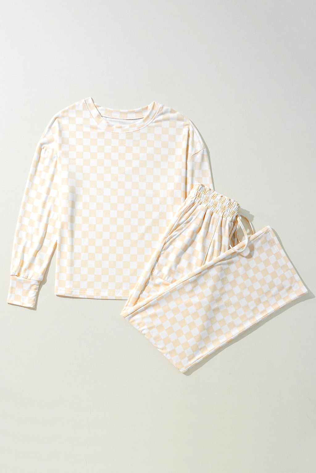 Beige Checkered Print Long Sleeve Top and Pants Lounge Set - enhanced image 5