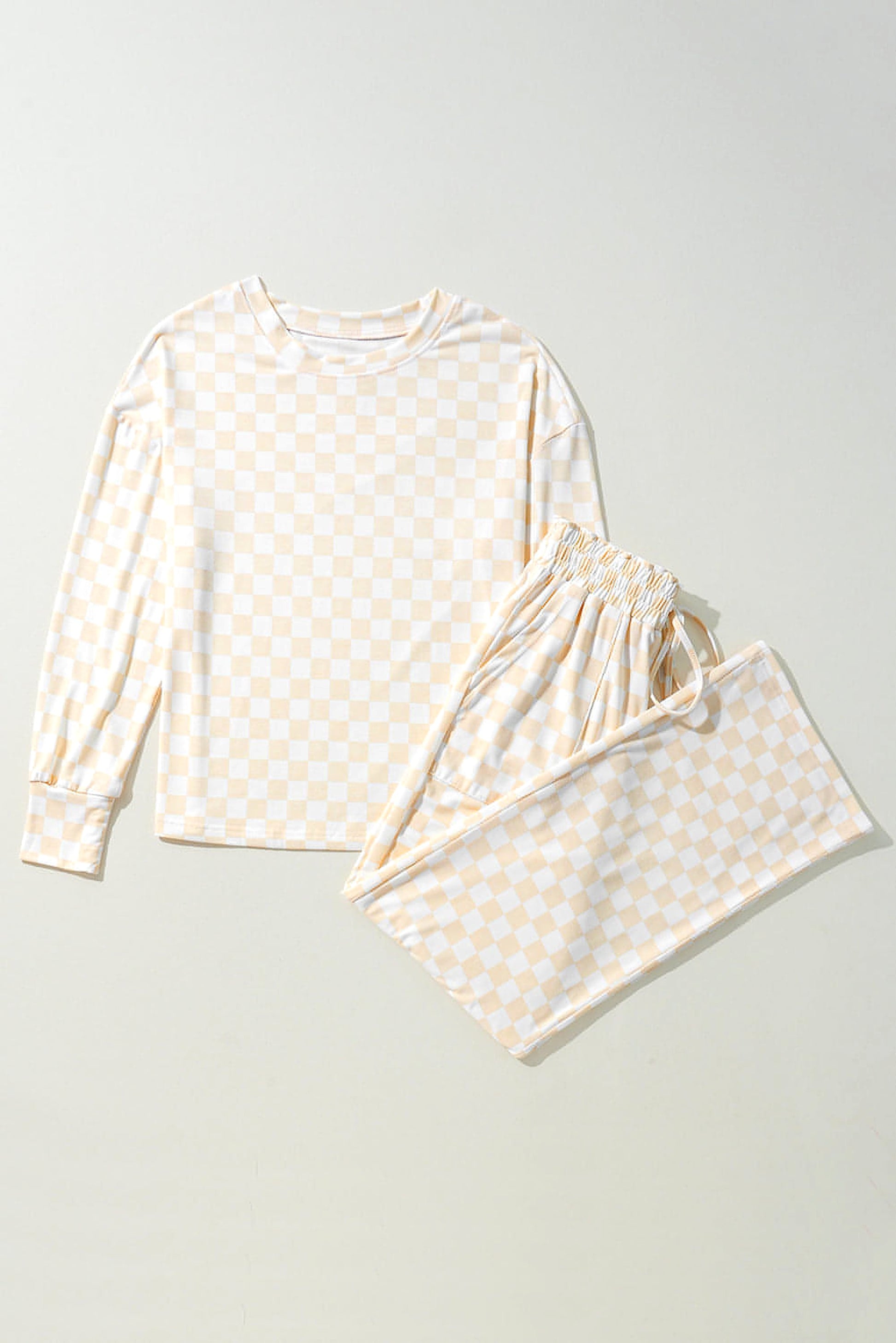 Beige Checkered Print Long Sleeve Top and Pants Lounge Set - enhanced image 5