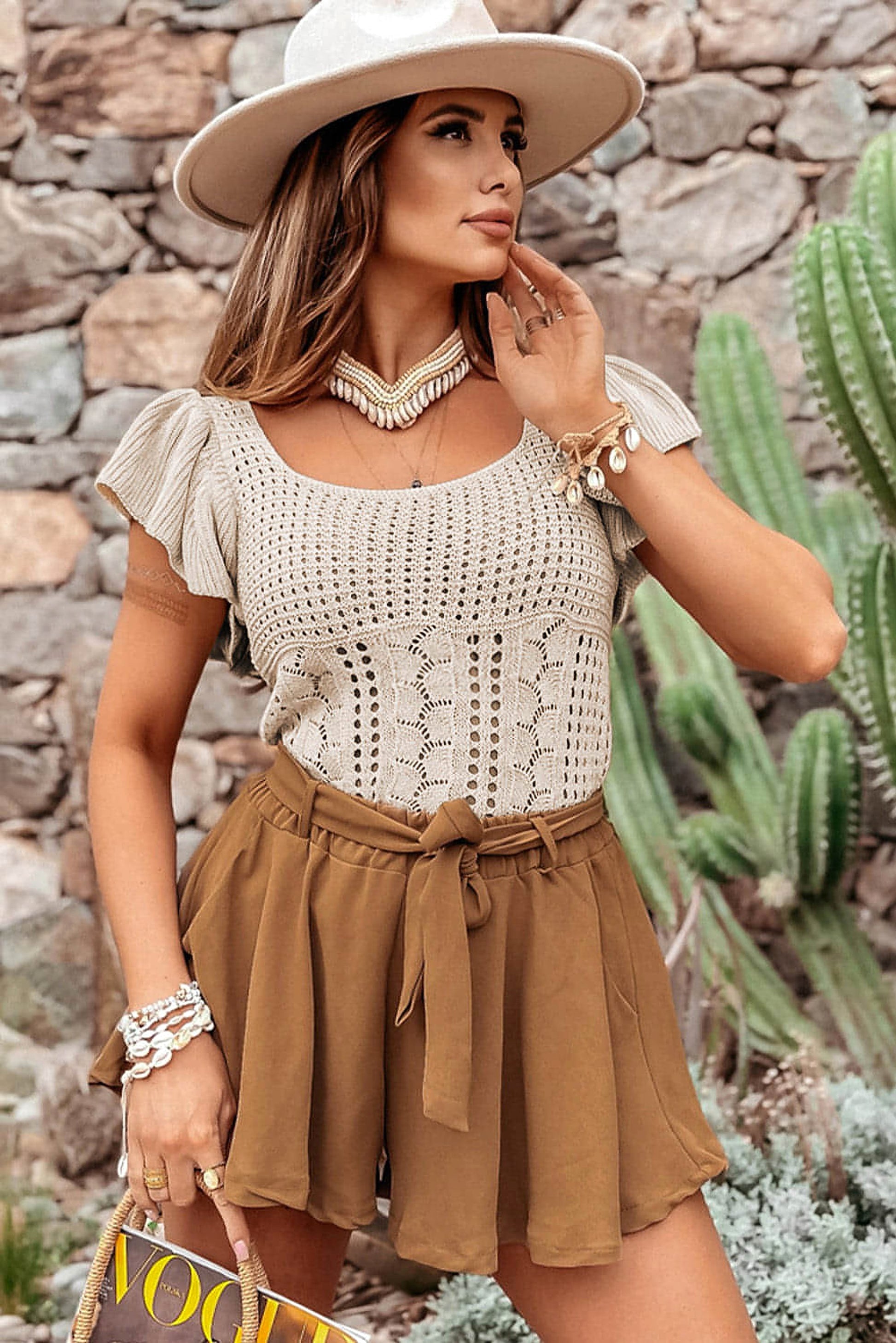 Beige Pointelle Knit Flutter Sleeve Sweater - enhanced image 5