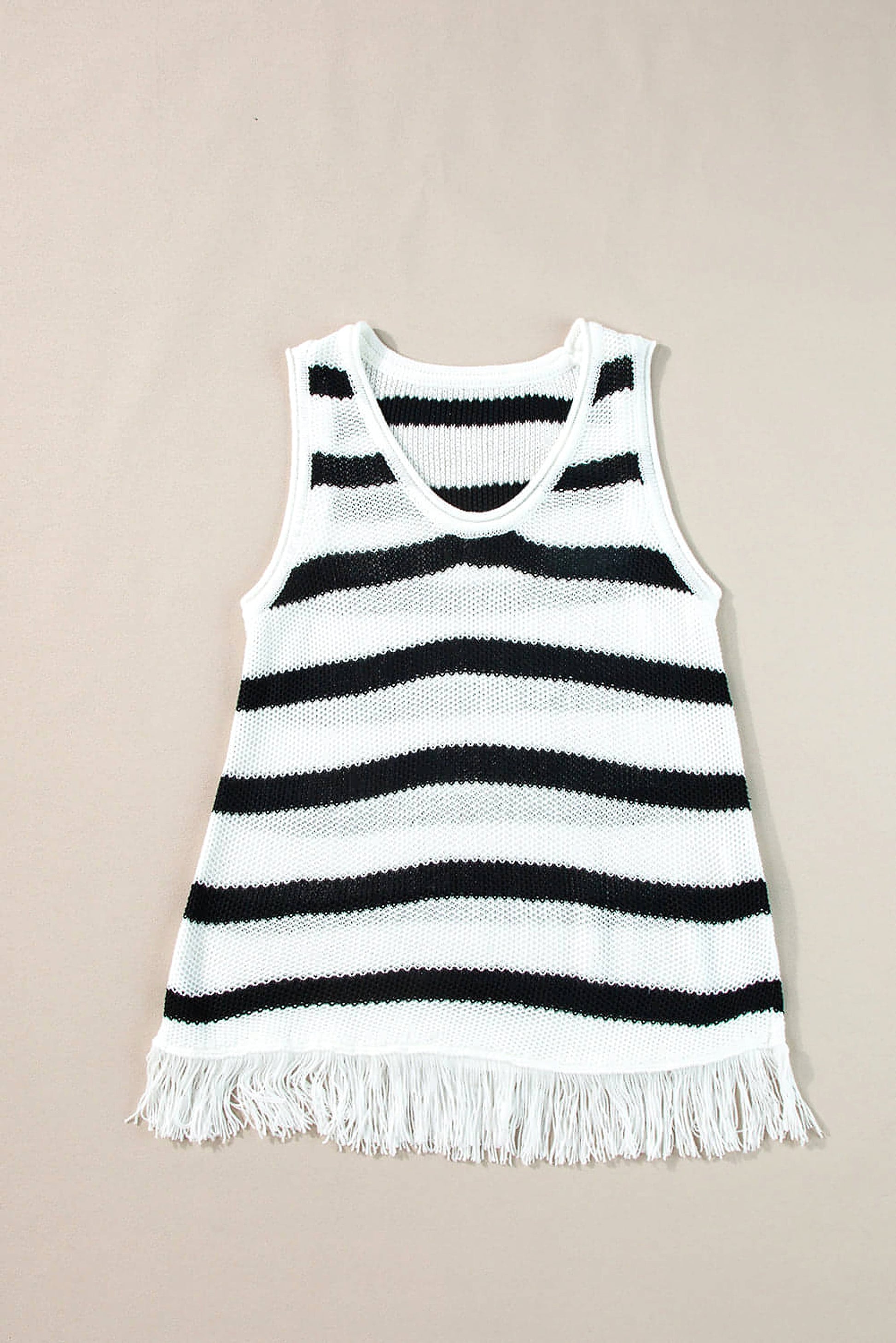 Beige Stripe Loose Knit Fringe Tank Top - enhanced image 5