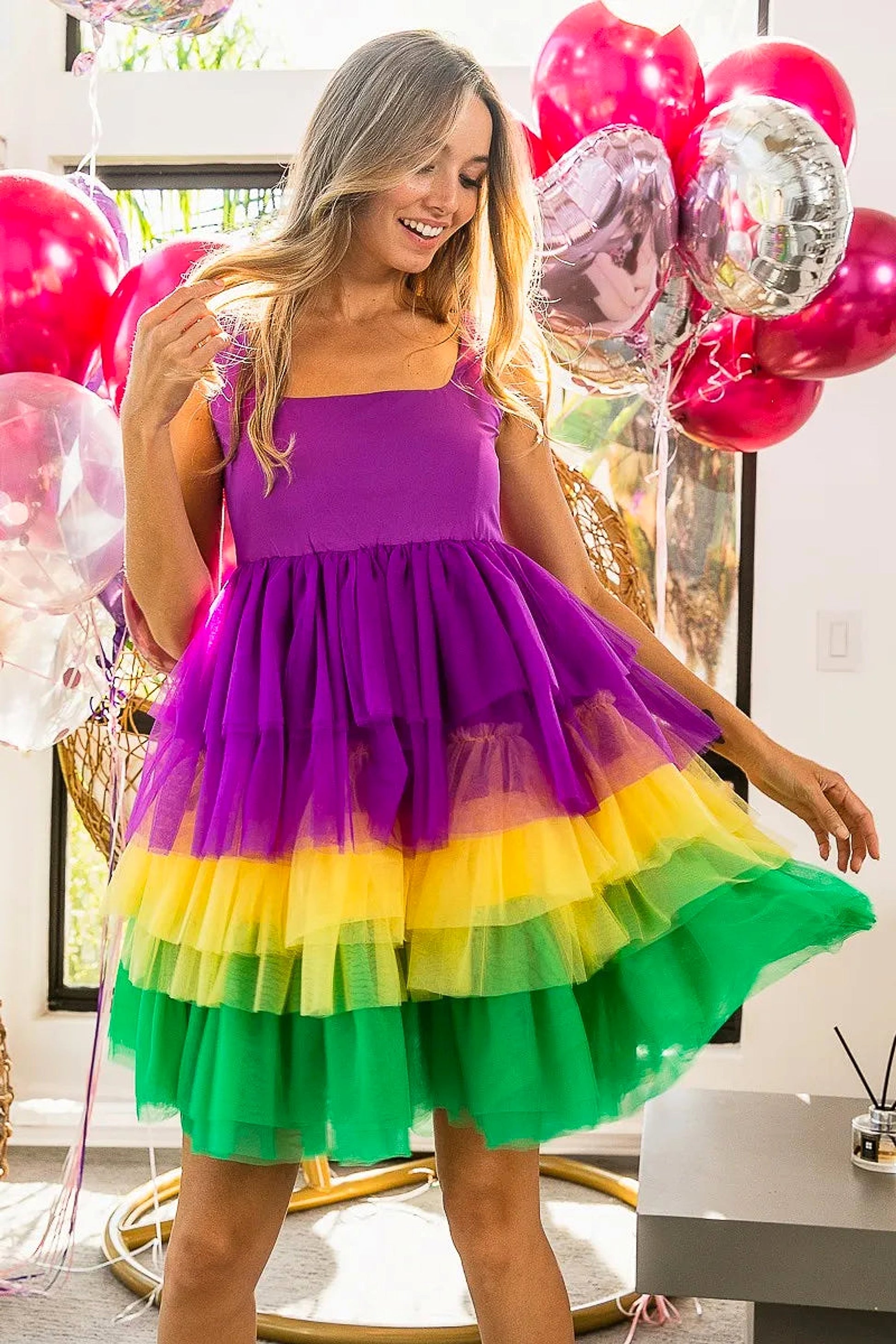 BiBi Mardi Gras Color Block Layered Mesh Tiered Dress - enhanced image 5